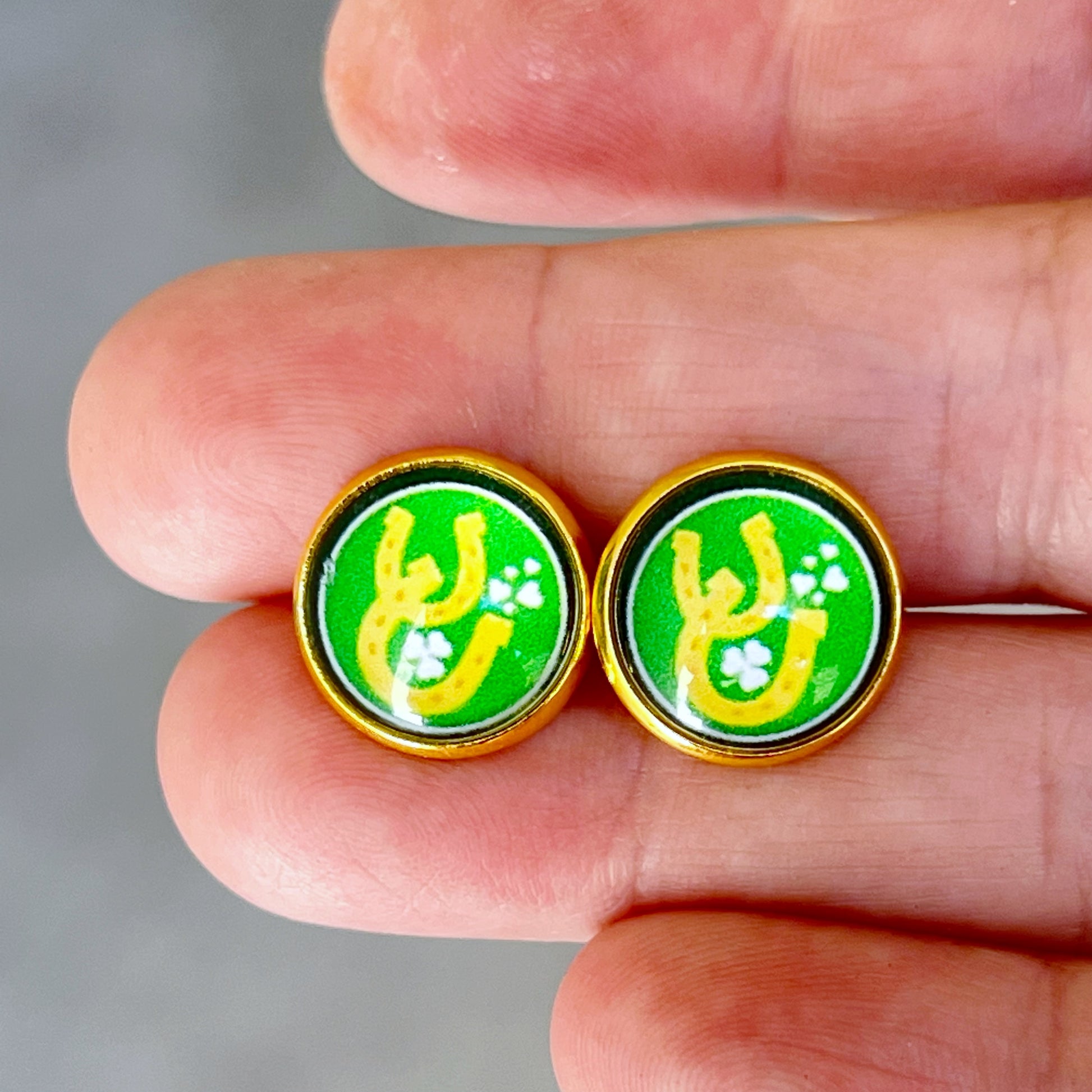Lucky Horseshoe Stud Earrings – Green & Gold St. Patrick’s Day Jewelry for Her