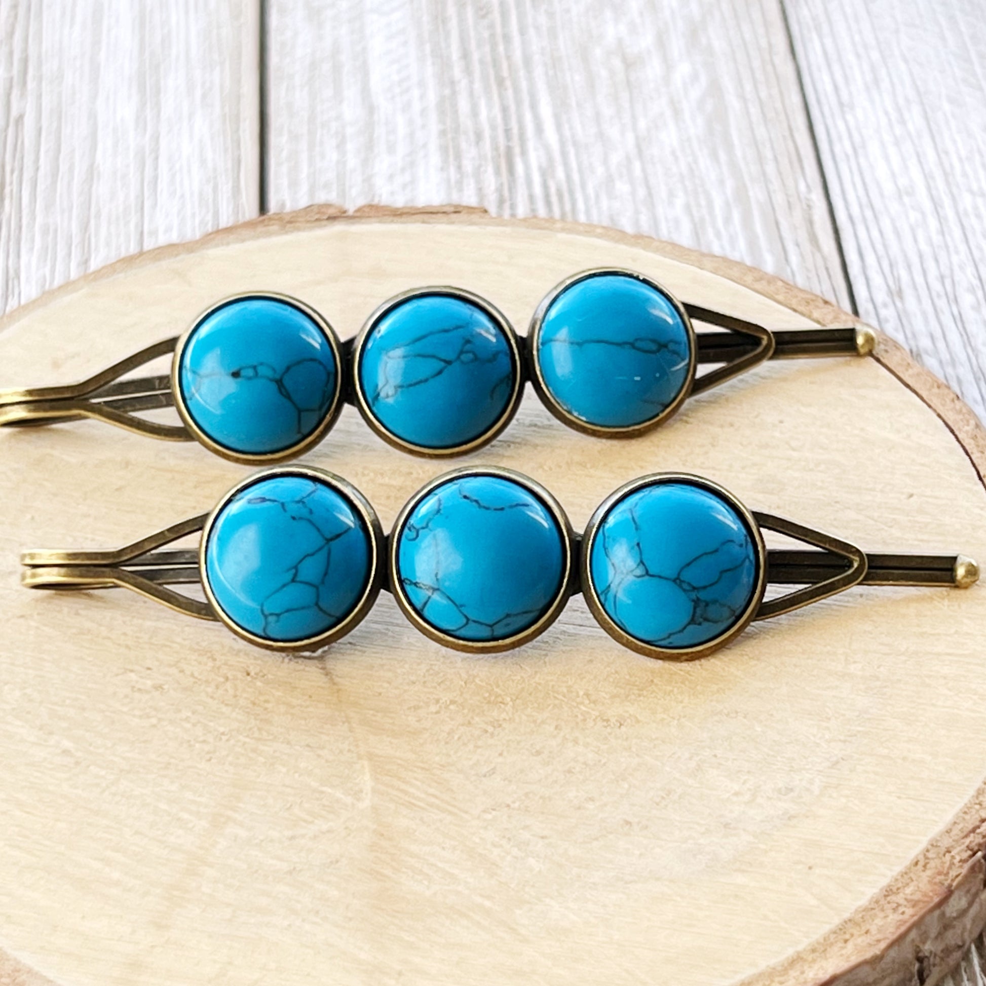 Turquoise Stone Hair Pins – Western Boho Hair Clips with Bronze Setting