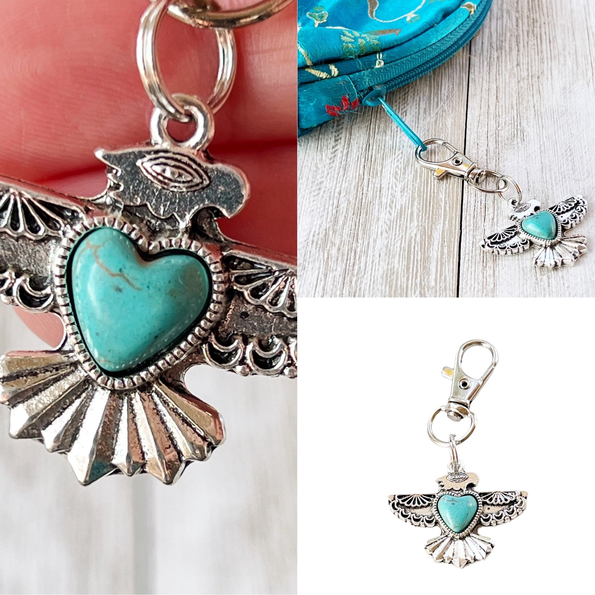 Turquoise Thunderbird Western Zipper Pull Handbag Charm - Stylish Southwest-Inspired Accessory