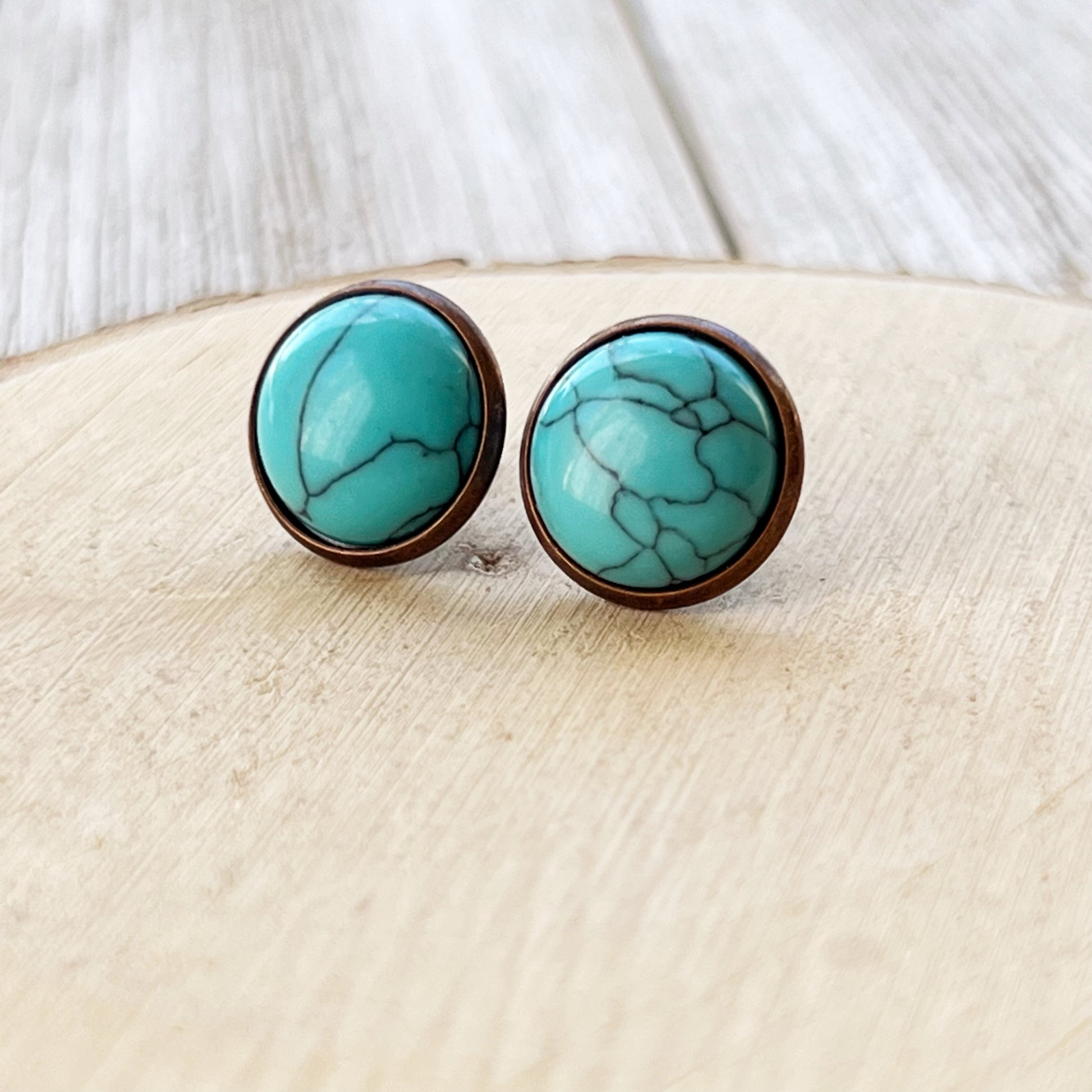Turquoise Stone Stud Earrings – Copper Round Boho Western Jewelry