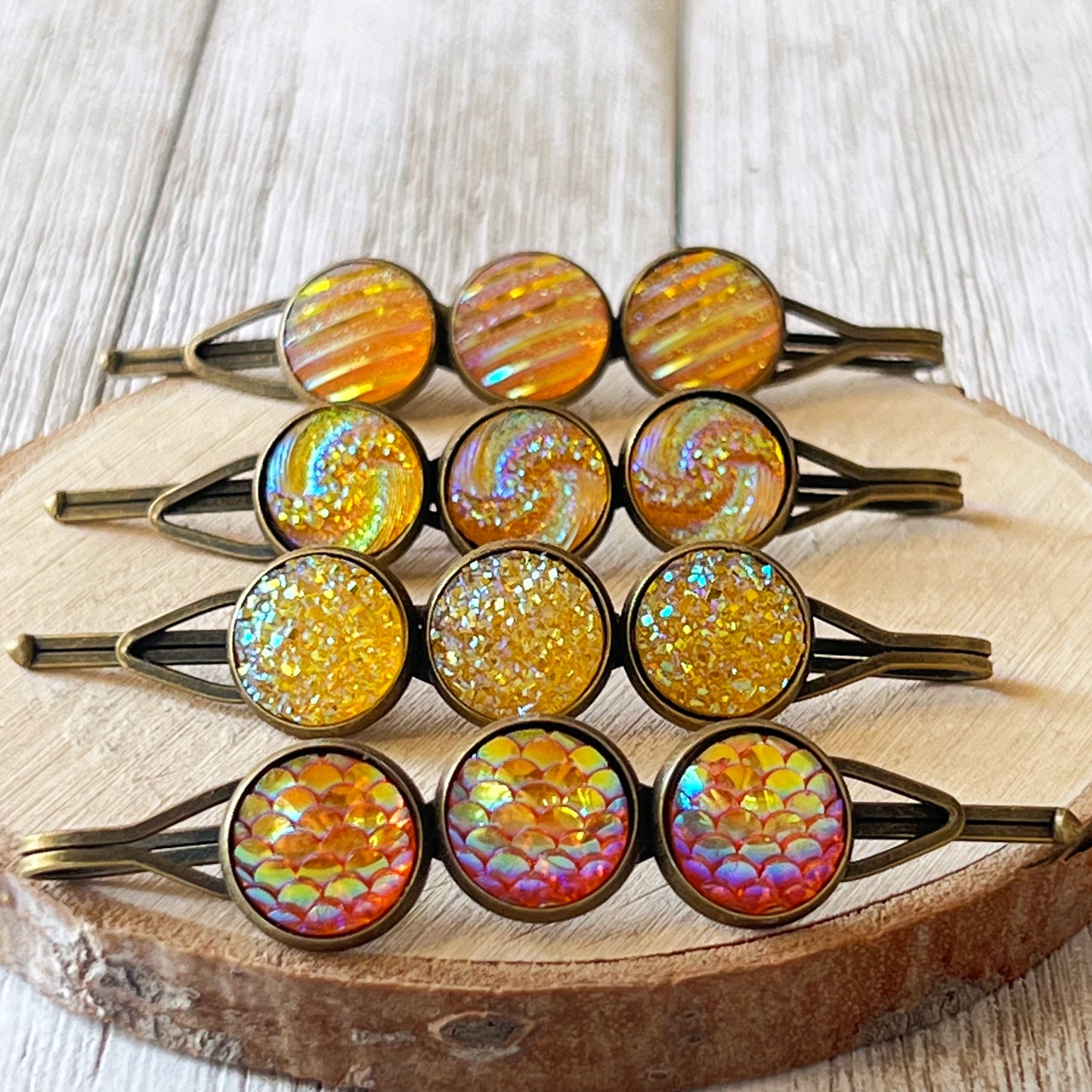 Yellow-Orange Glitter Druzy Hair Pins Set - Set of 4 with Unique Pattern Designs