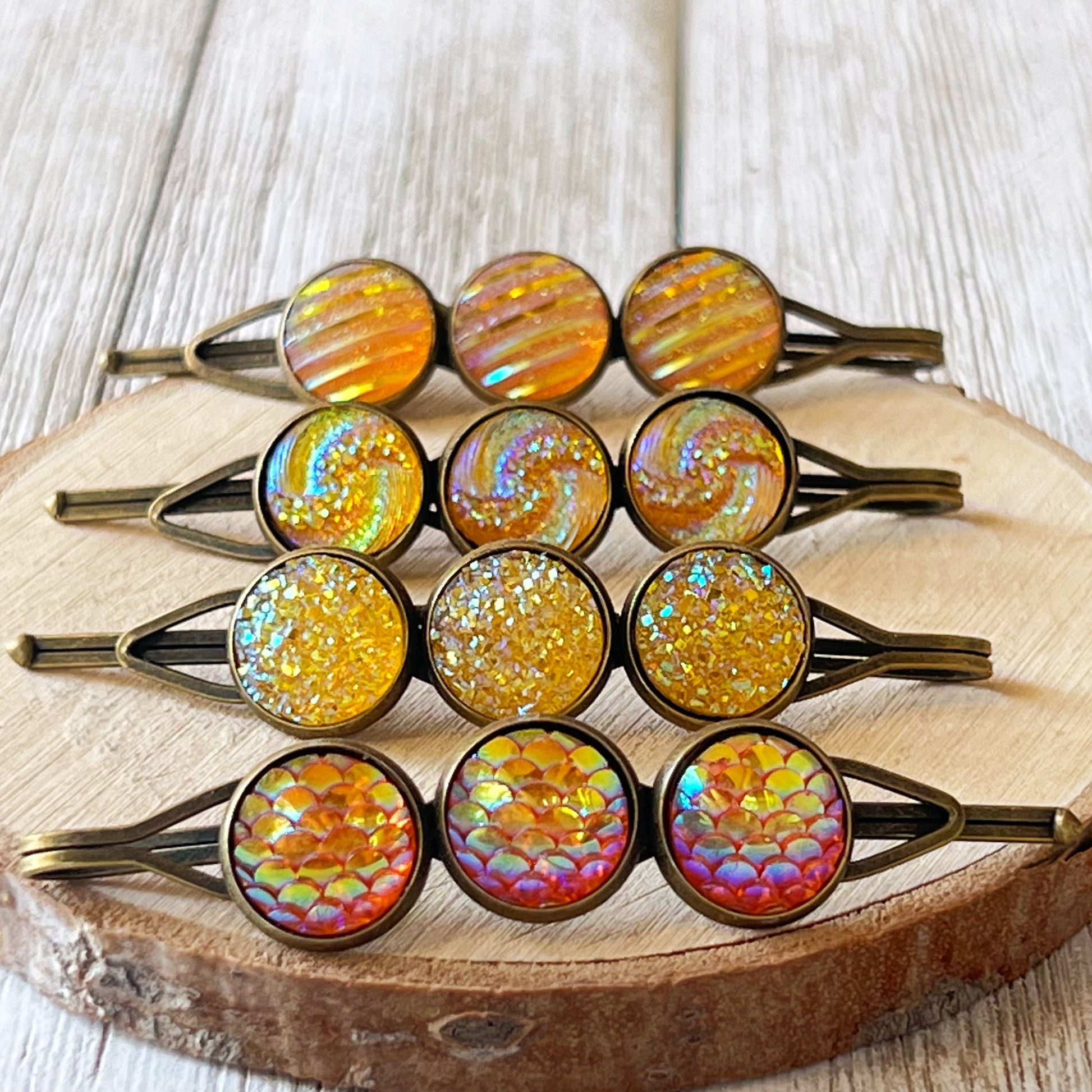 Yellow-Orange Glitter Druzy Hair Pins Set - Set of 4 with Unique Pattern Designs