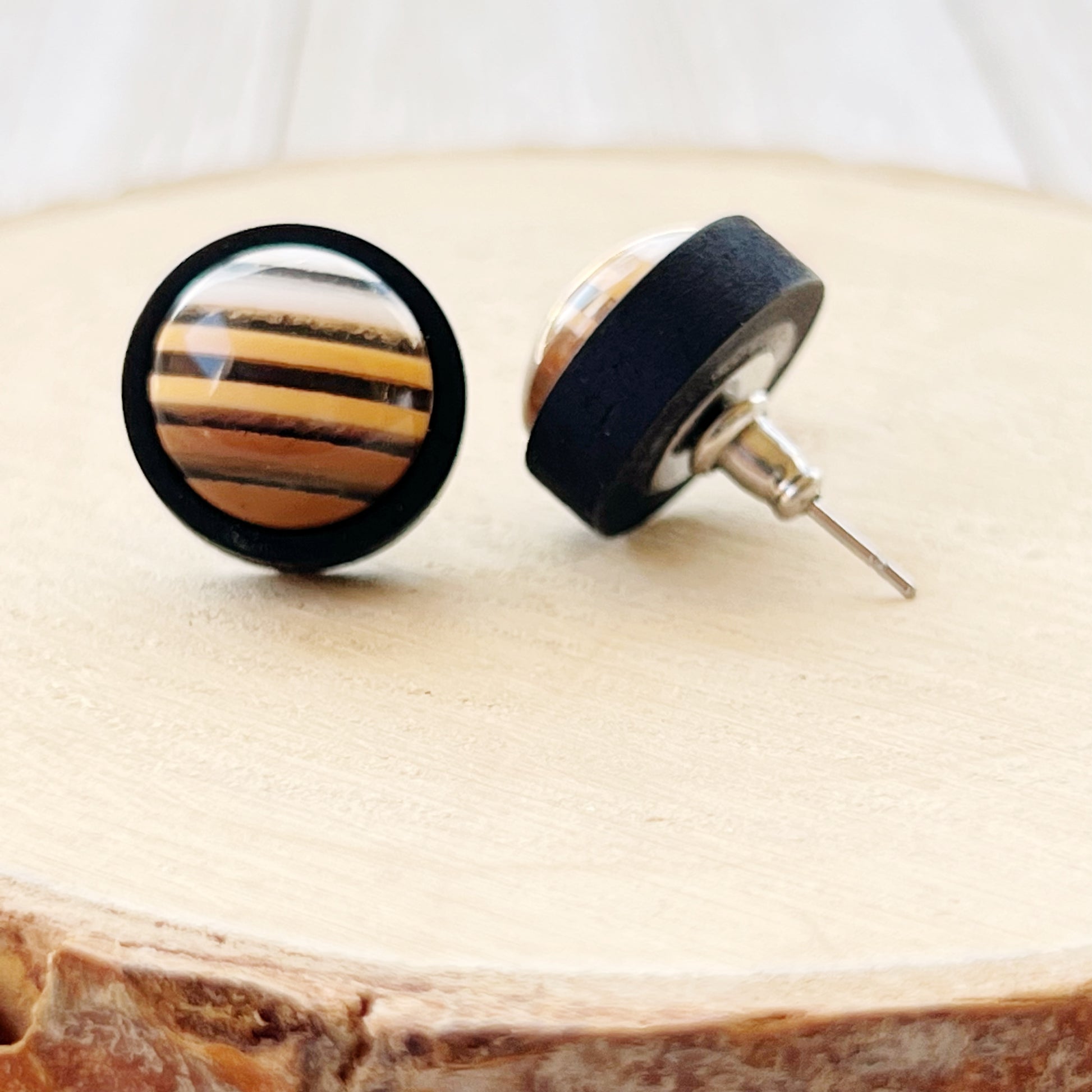 Earth Tone Stripe Resin Stud Earrings – Round Handmade Fall Jewelry in Black Wood