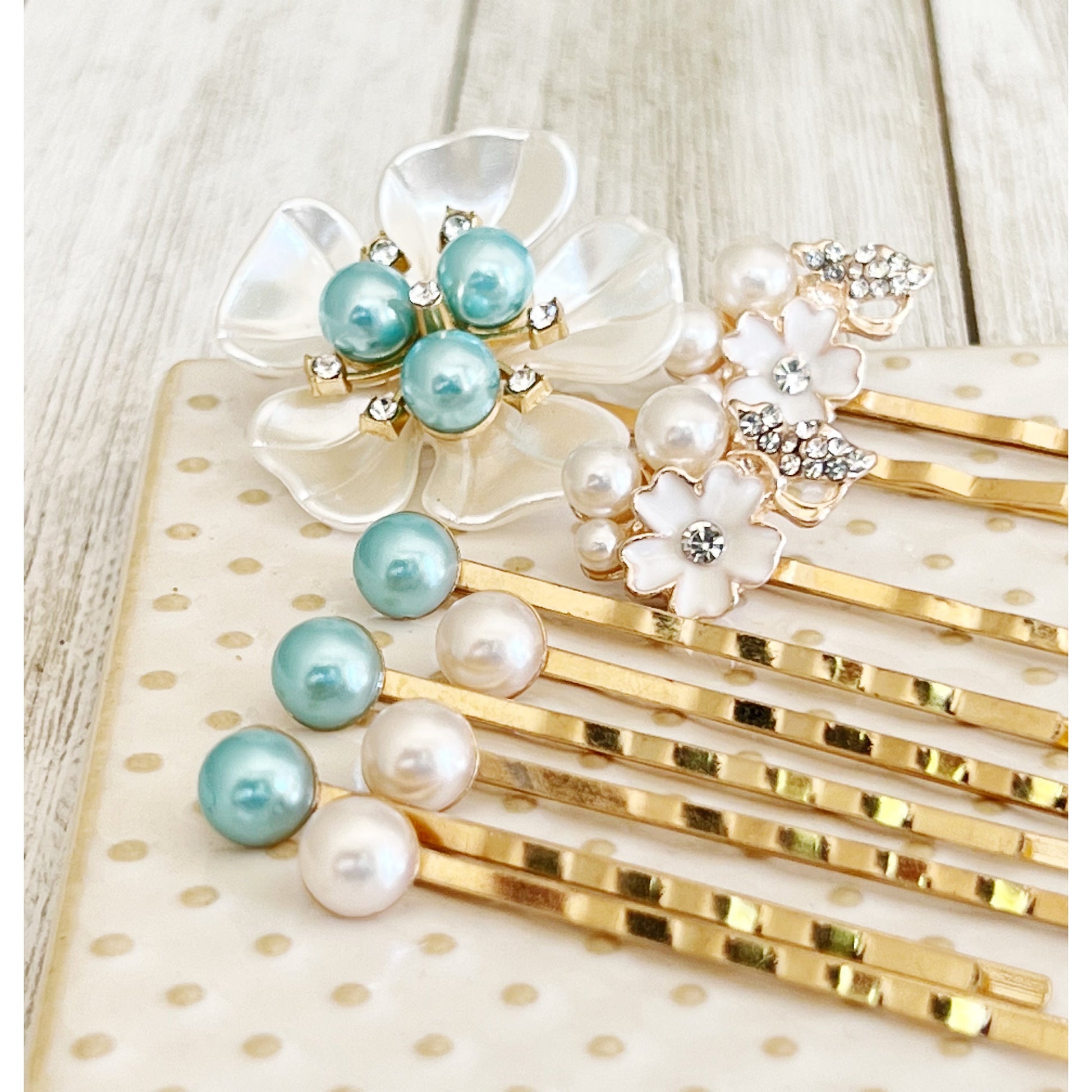 Blue Pearl Hair Pins Set - Wedding Hair Jewelry for Bride | White Floral & Rhinestone Bobby Pins for Elegant Hairstyles