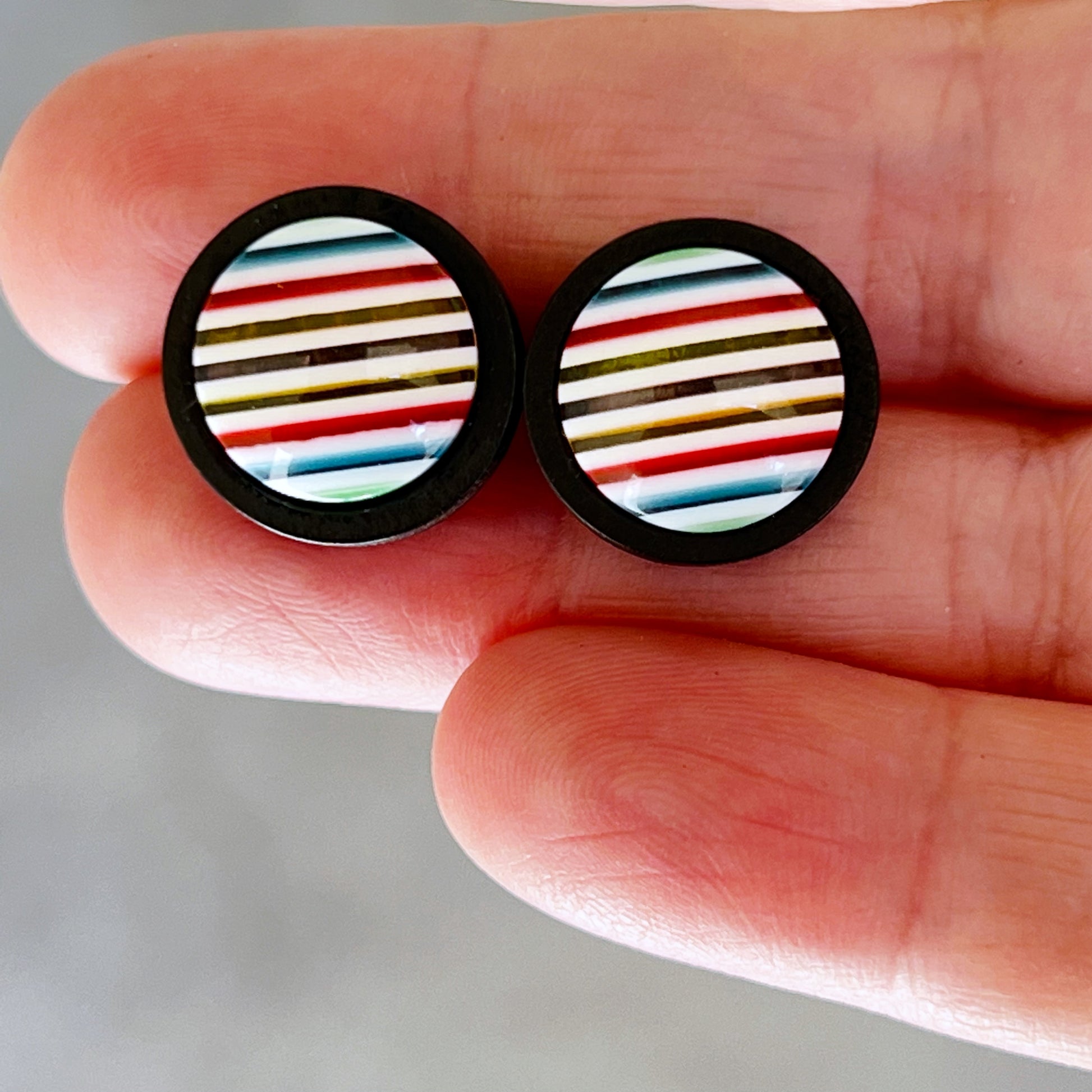 Striped Resin Stud Earrings – Multicolor Round Handmade Boho Jewelry