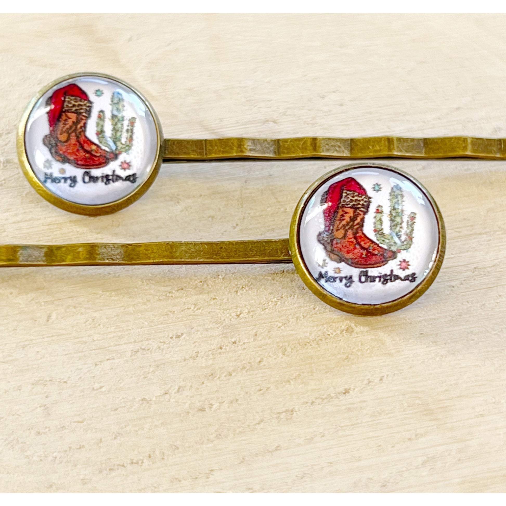 Cowboy Boots & Cactus Christmas Hair Pins - Festive Western-Inspired Accessories