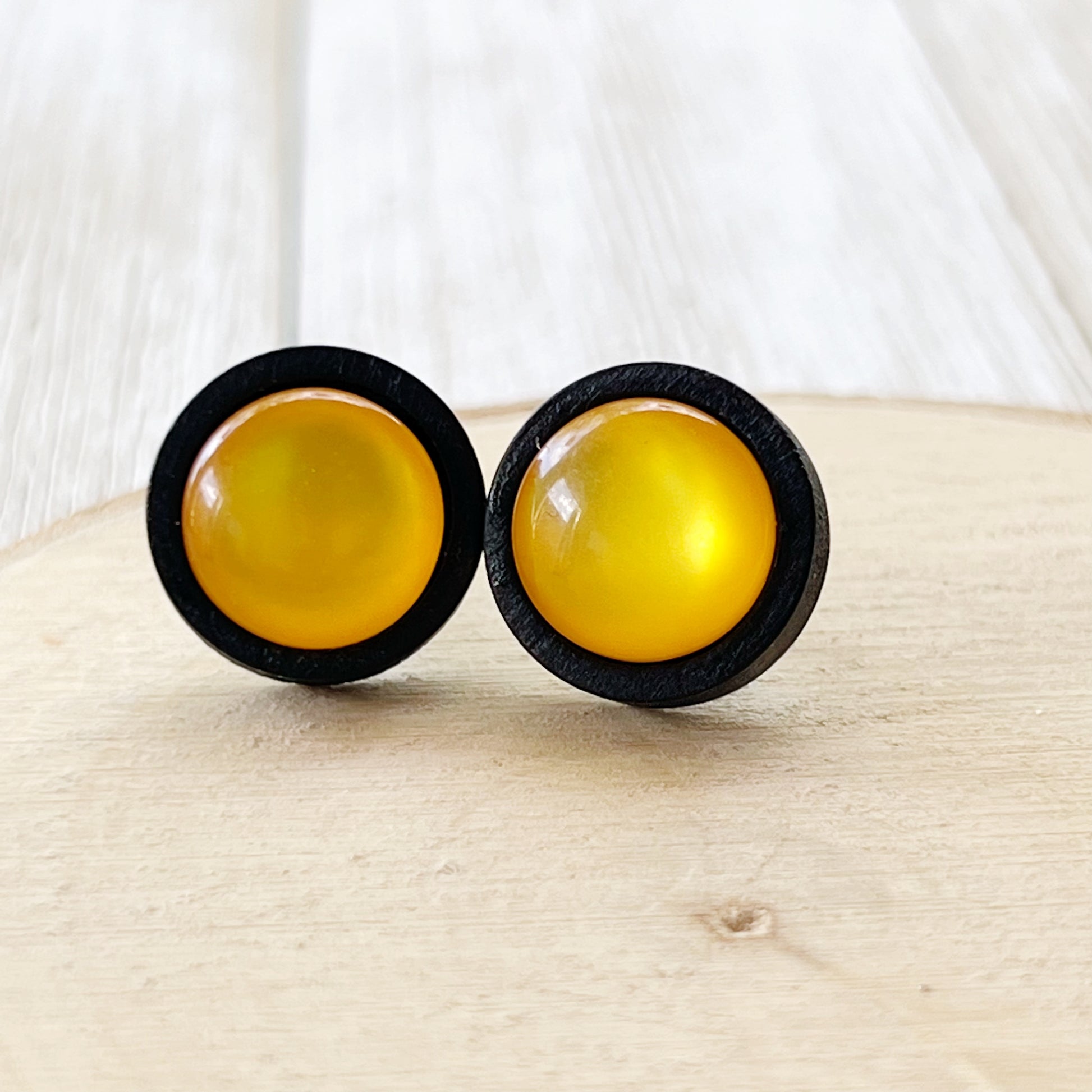 Yellow Resin Black Wood Unisex Stud Earrings - Stylish & Versatile Accessories