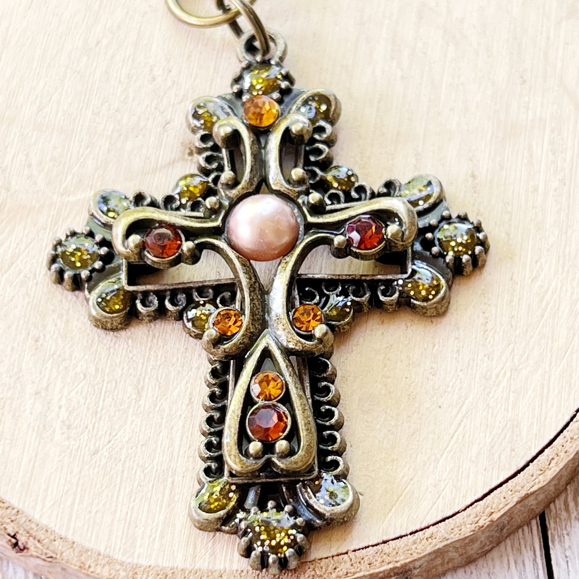 Ornate Cross Purse Charm – Vintage Bronze Keychain with Amber Rhinestones & Pearl