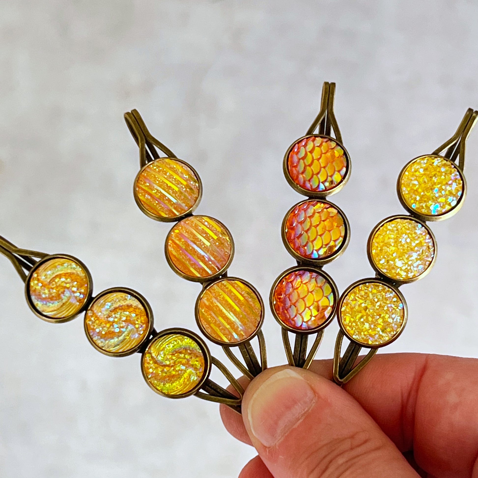 Yellow-Orange Glitter Druzy Hair Pins Set - Set of 4 with Unique Pattern Designs