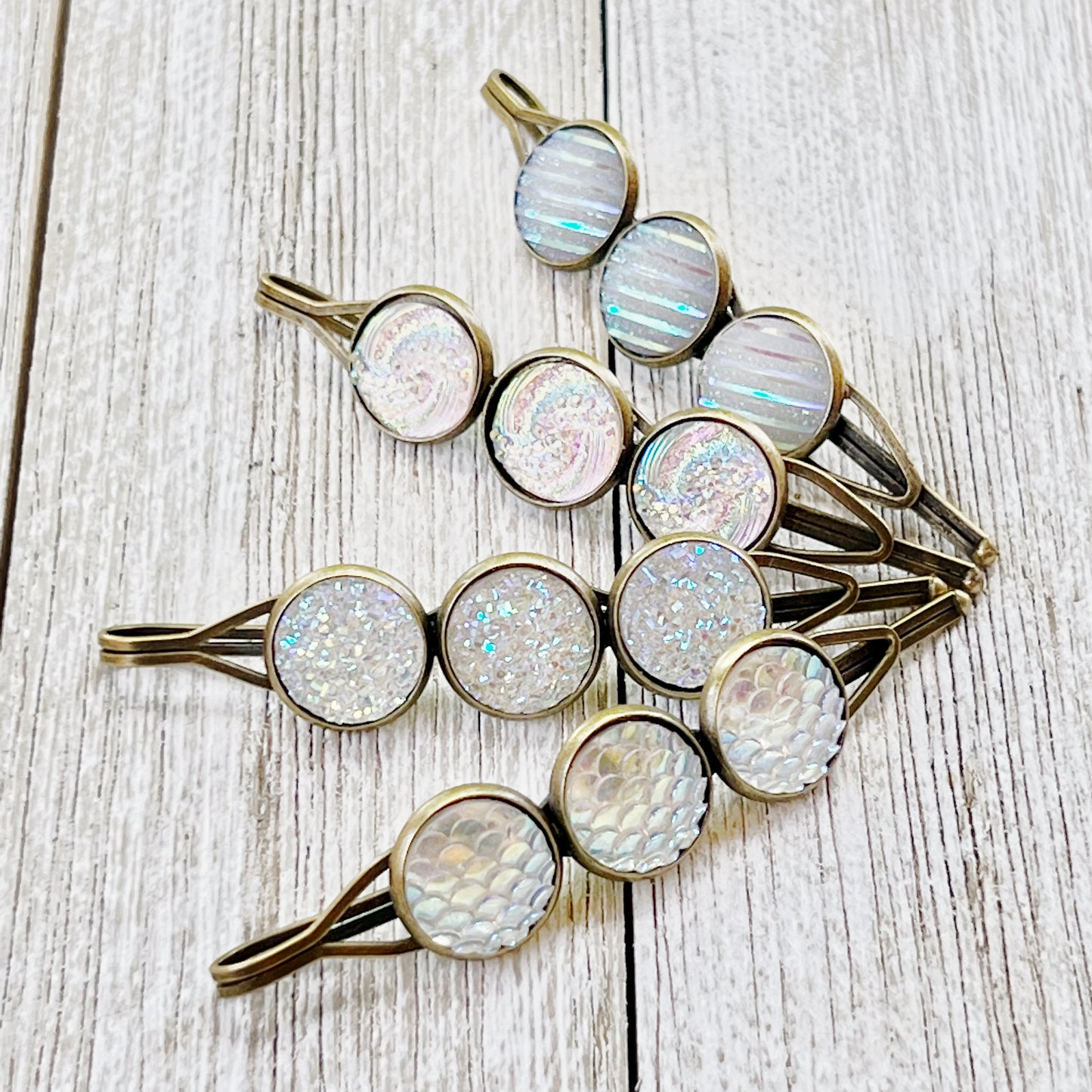 White Glitter Druzy Hair Pins: Set of 4 Stylish Accessories with Unique Patterns