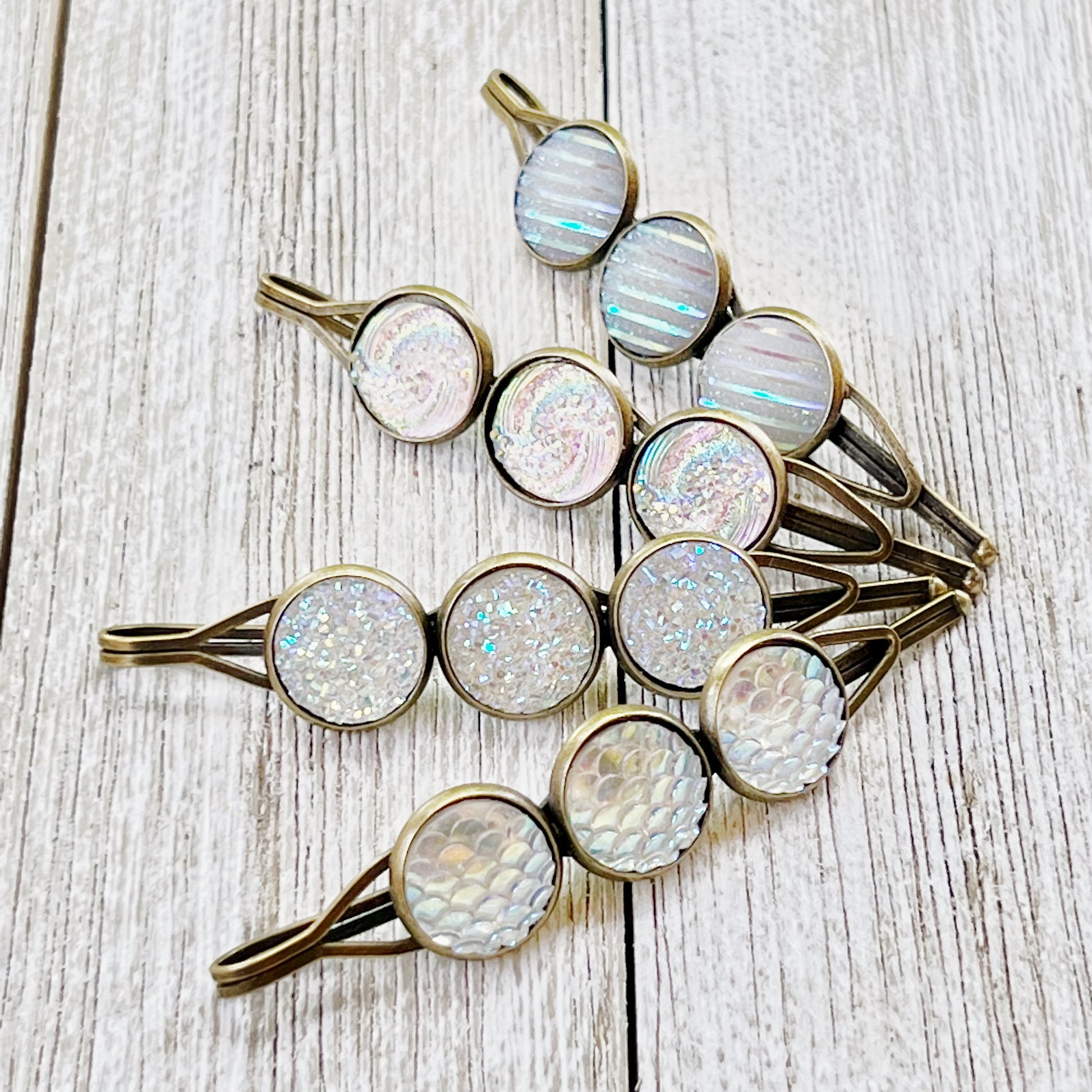 White Glitter Druzy Hair Pins: Set of 4 Stylish Accessories with Unique Patterns