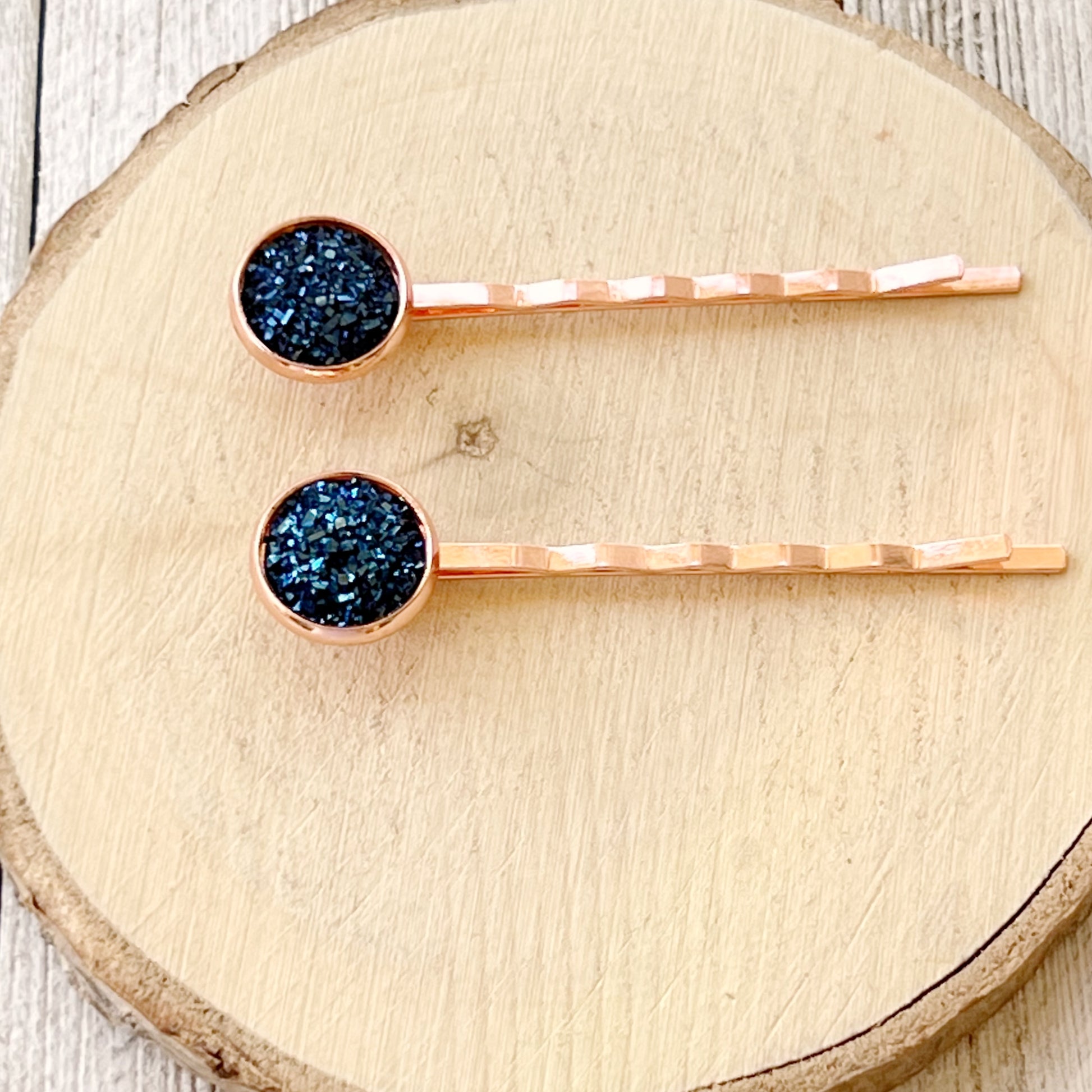 Cobalt Blue Druzy Rose Gold Hair Pins: Elegant & Vibrant Accessories