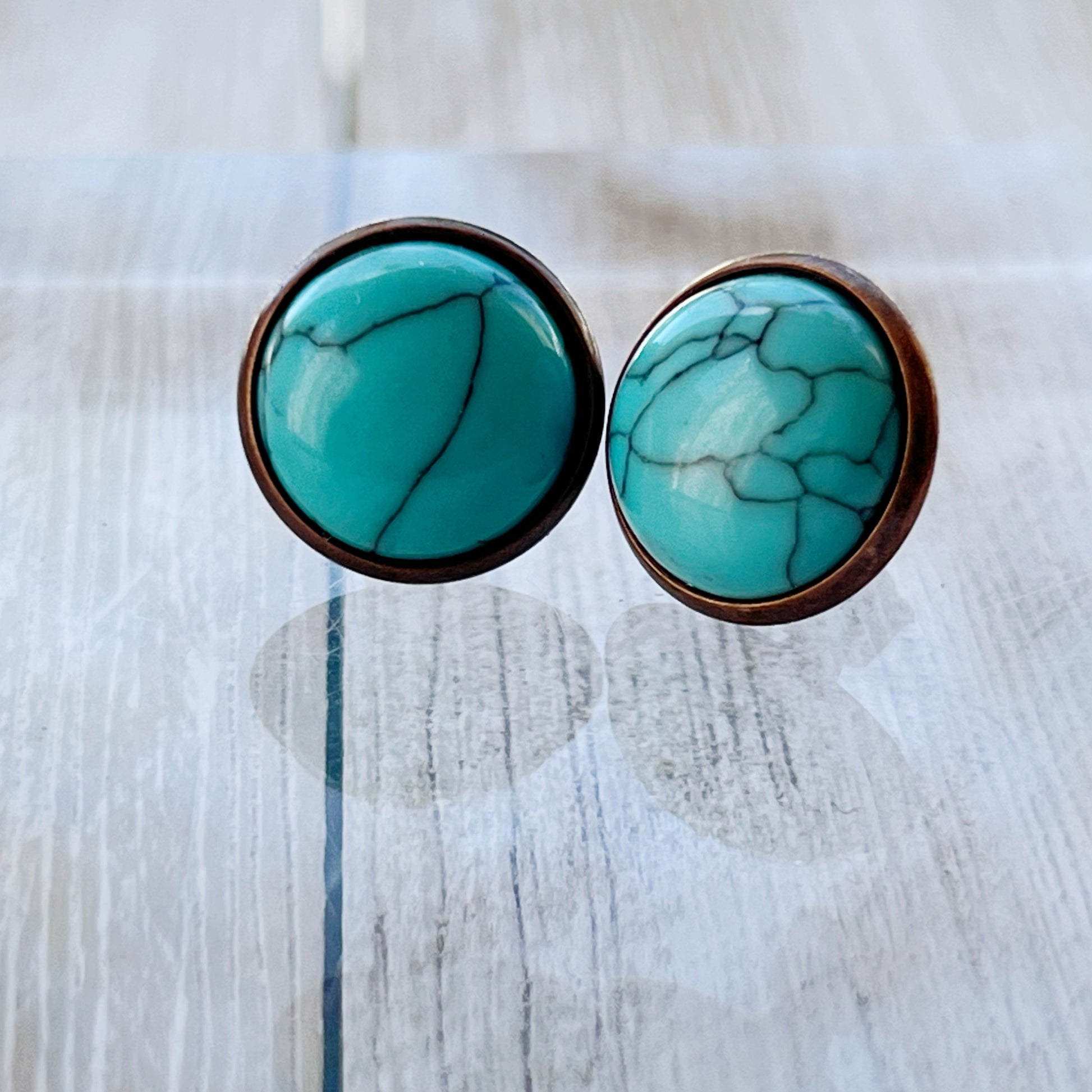 Turquoise Stone Stud Earrings – Copper Round Boho Western Jewelry