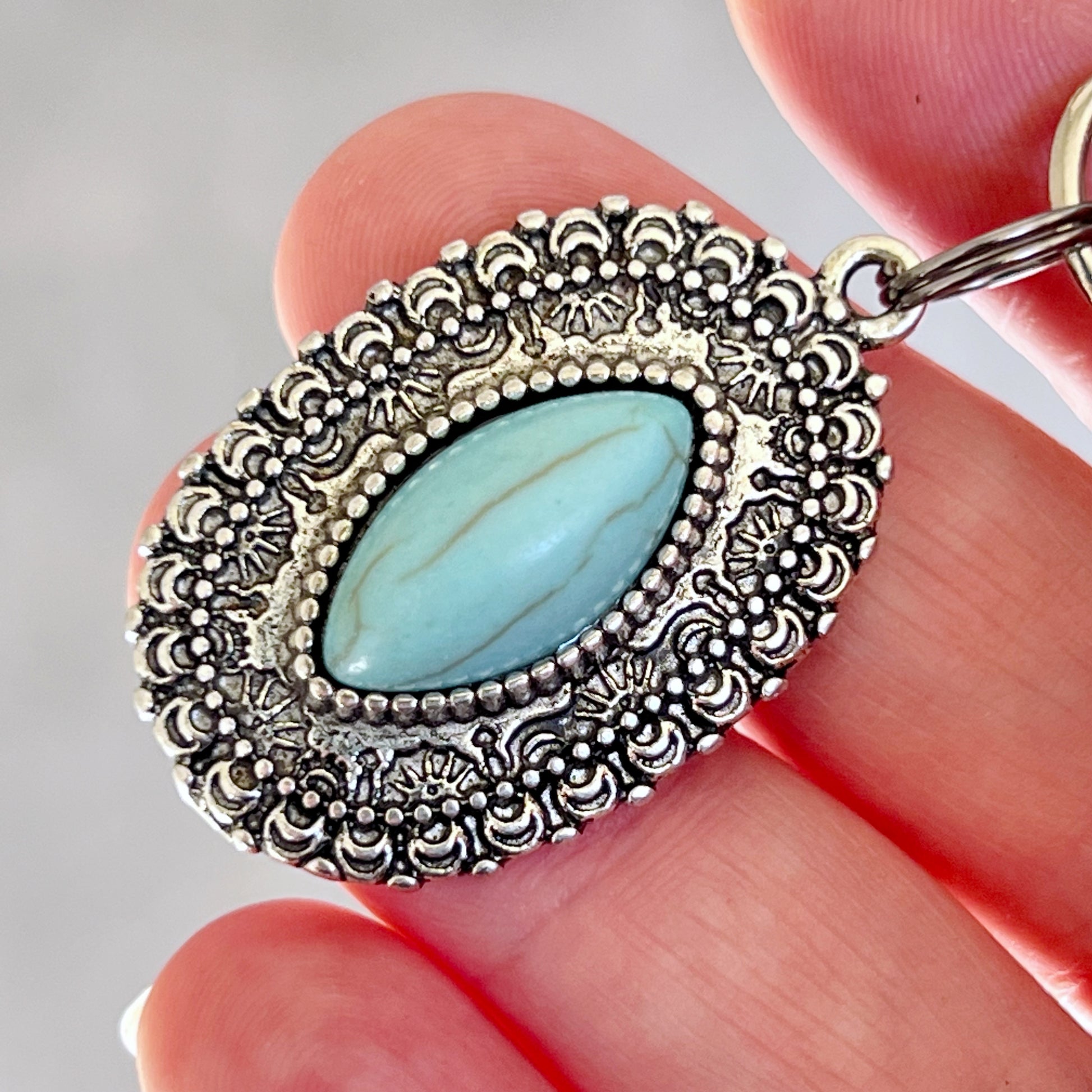 Turquoise Oval Purse Charm – Silver Western Keychain with Filigree Frame