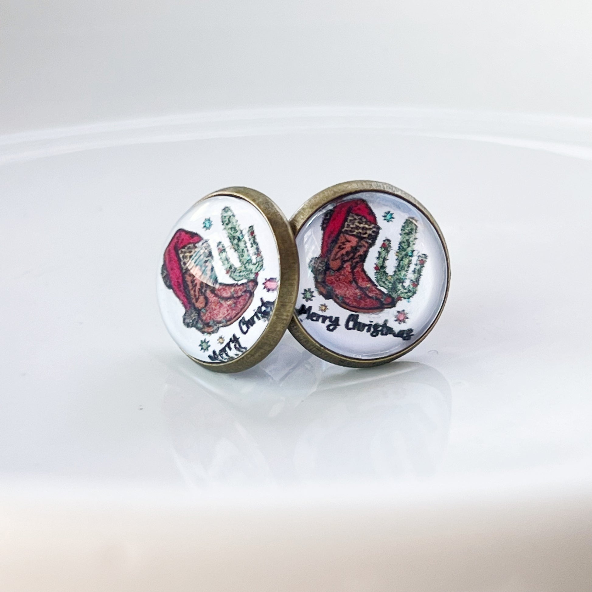 Western Cactus & Boot Merry Christmas Stud Earrings: Festive Southwest Charm