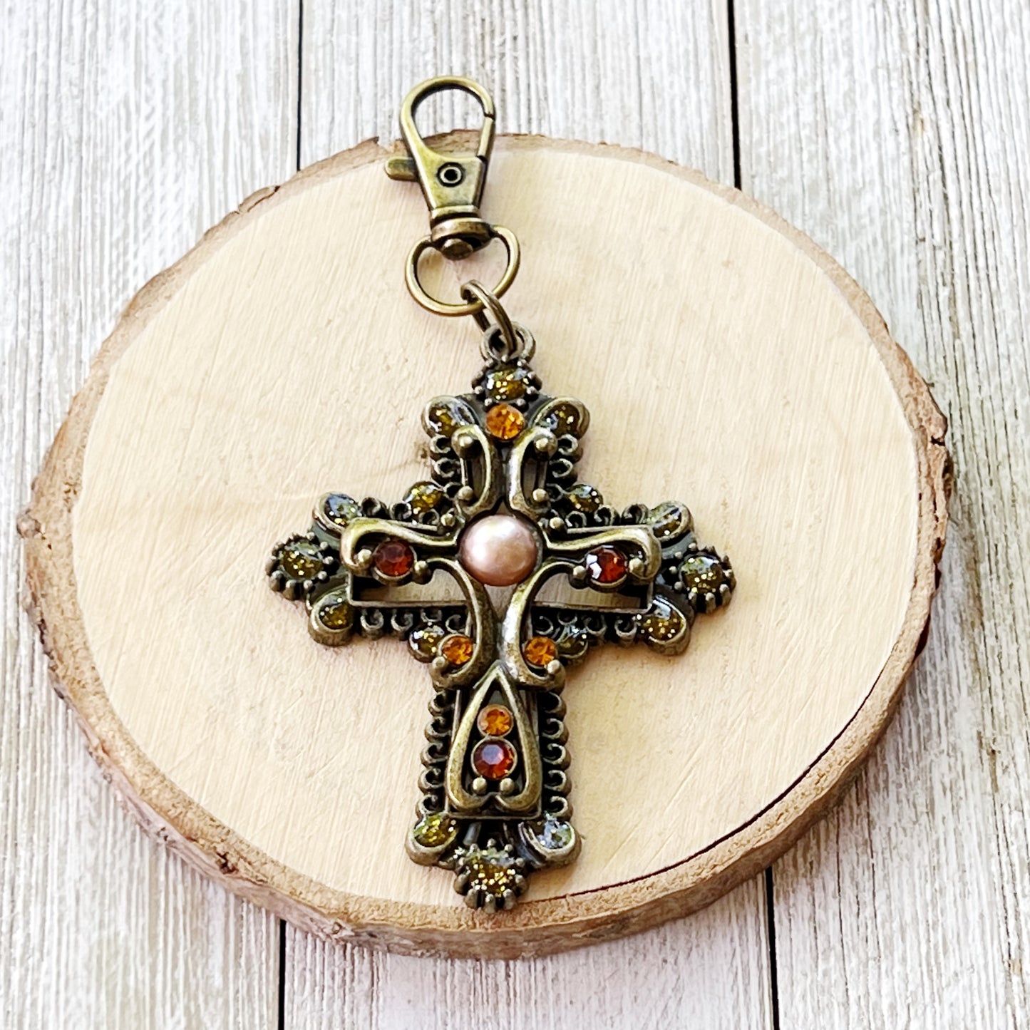 Ornate Cross Purse Charm – Vintage Bronze Keychain with Amber Rhinestones & Pearl