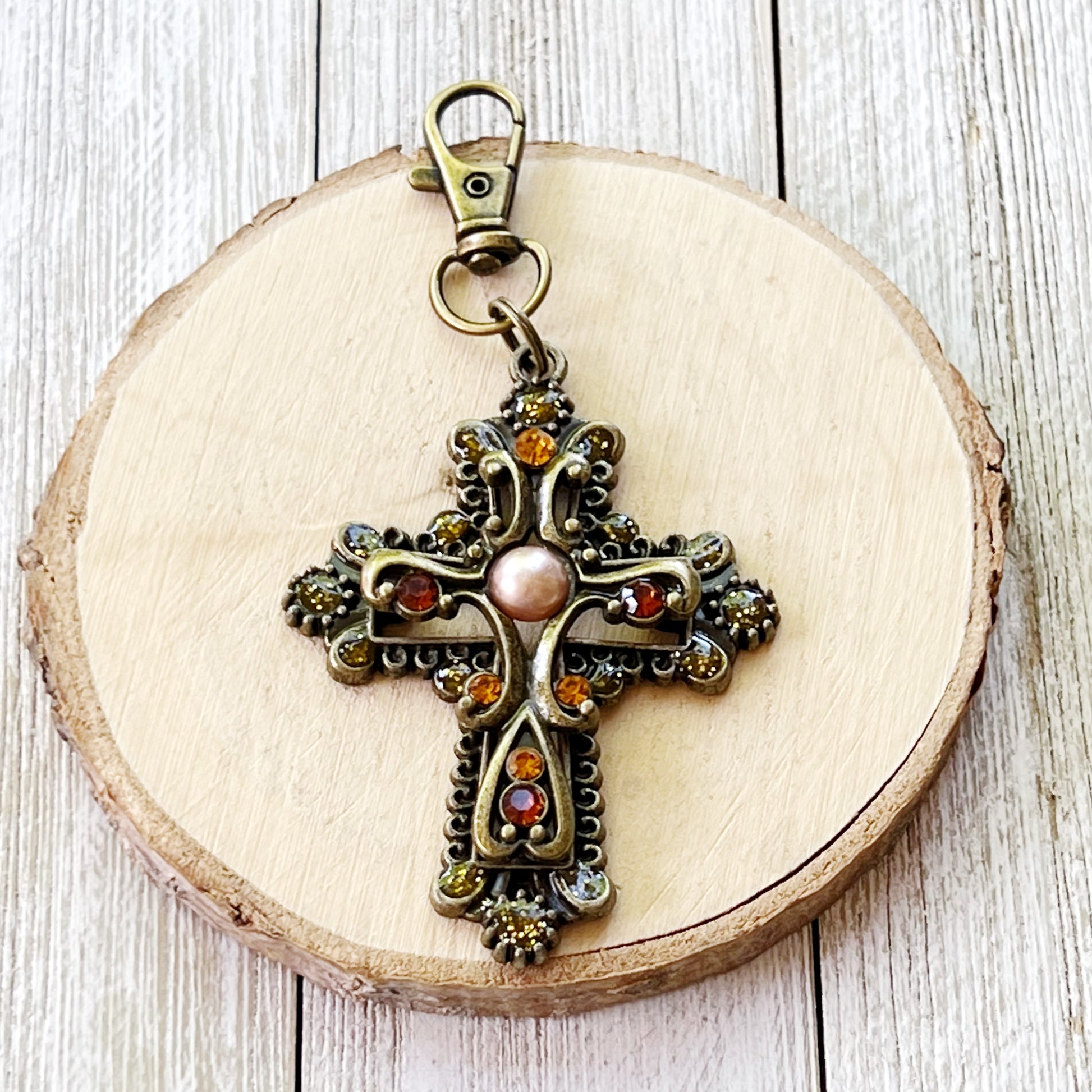 Ornate Cross Purse Charm – Vintage Bronze Keychain with Amber Rhinestones & Pearl