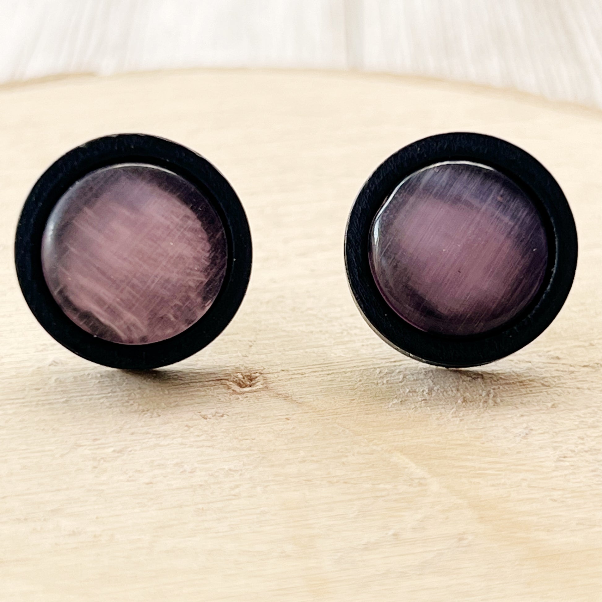 Purple Glass Black Wood Unisex Stud Earrings - Stylish & Versatile Accessories