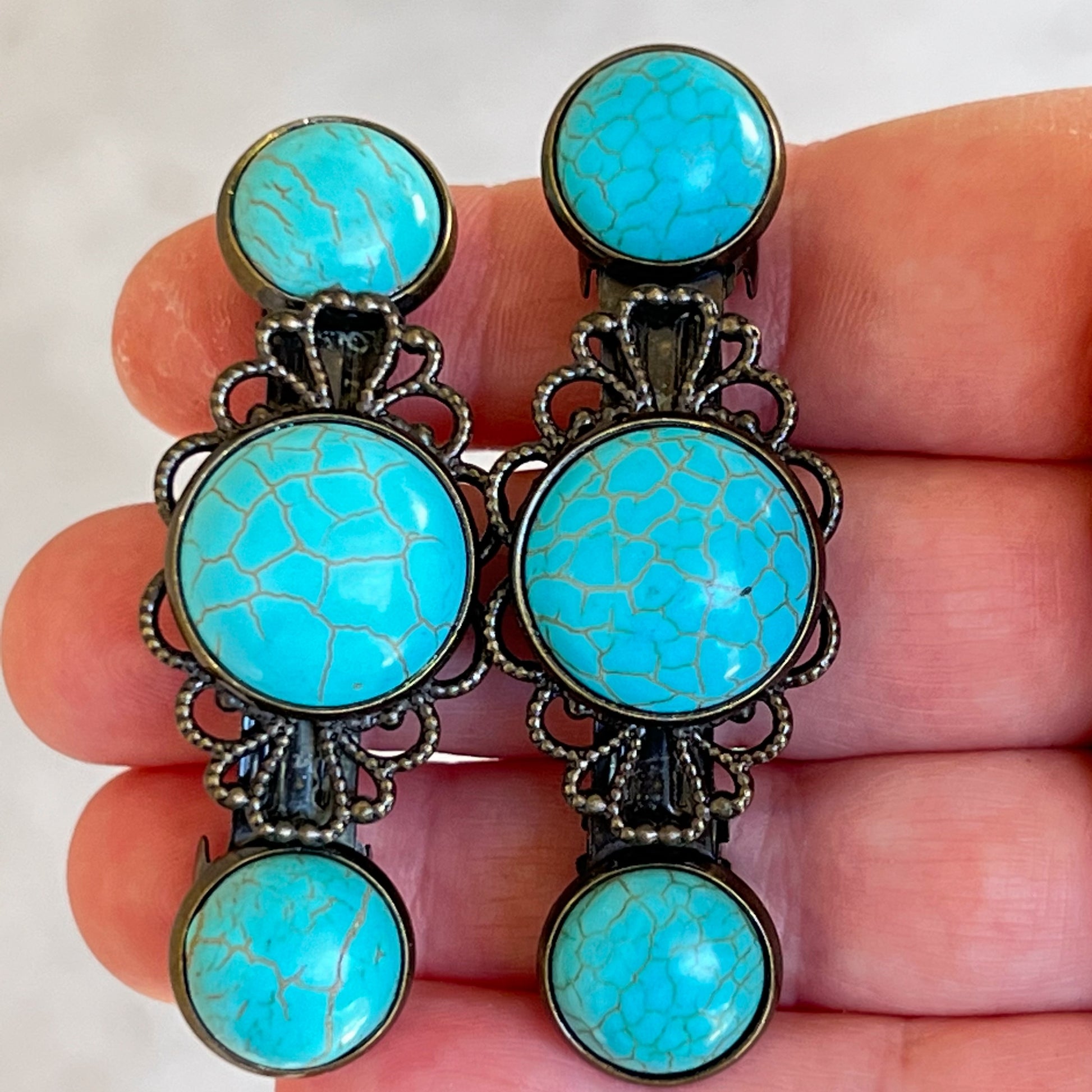 Turquoise Stone Hair Barrettes – Vintage-Inspired Boho Hair Clip Set