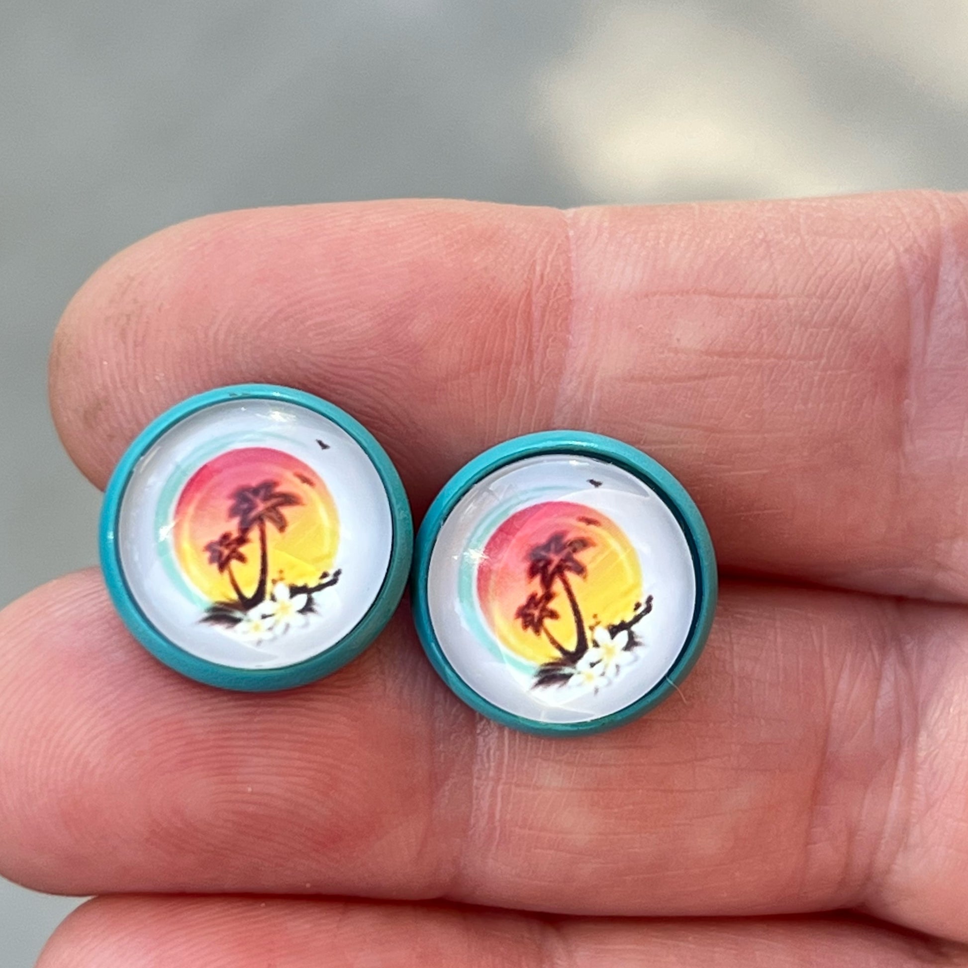 Sunset & Palm Tree Blue Stud Earrings - Tropical & Serene Accessories