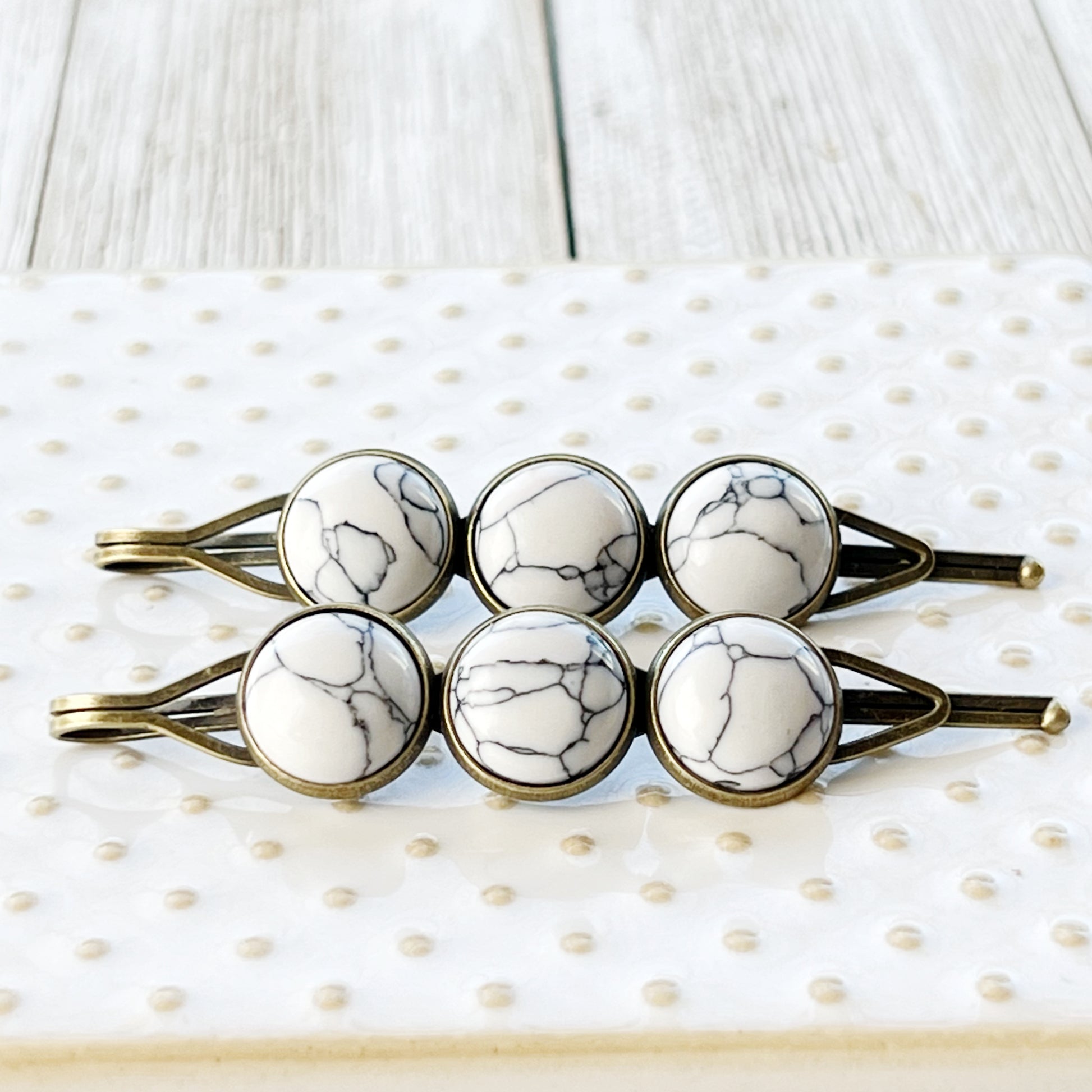 White Marble Hair Pins – Minimal Boho Stone Hair Clips in Bronze Tone