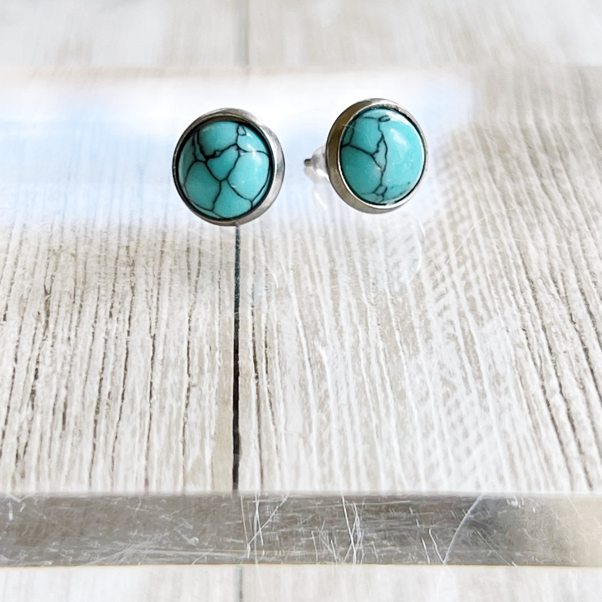 Turquoise Stud Earrings – 8mm Round Boho Western Style Jewelry in Silver