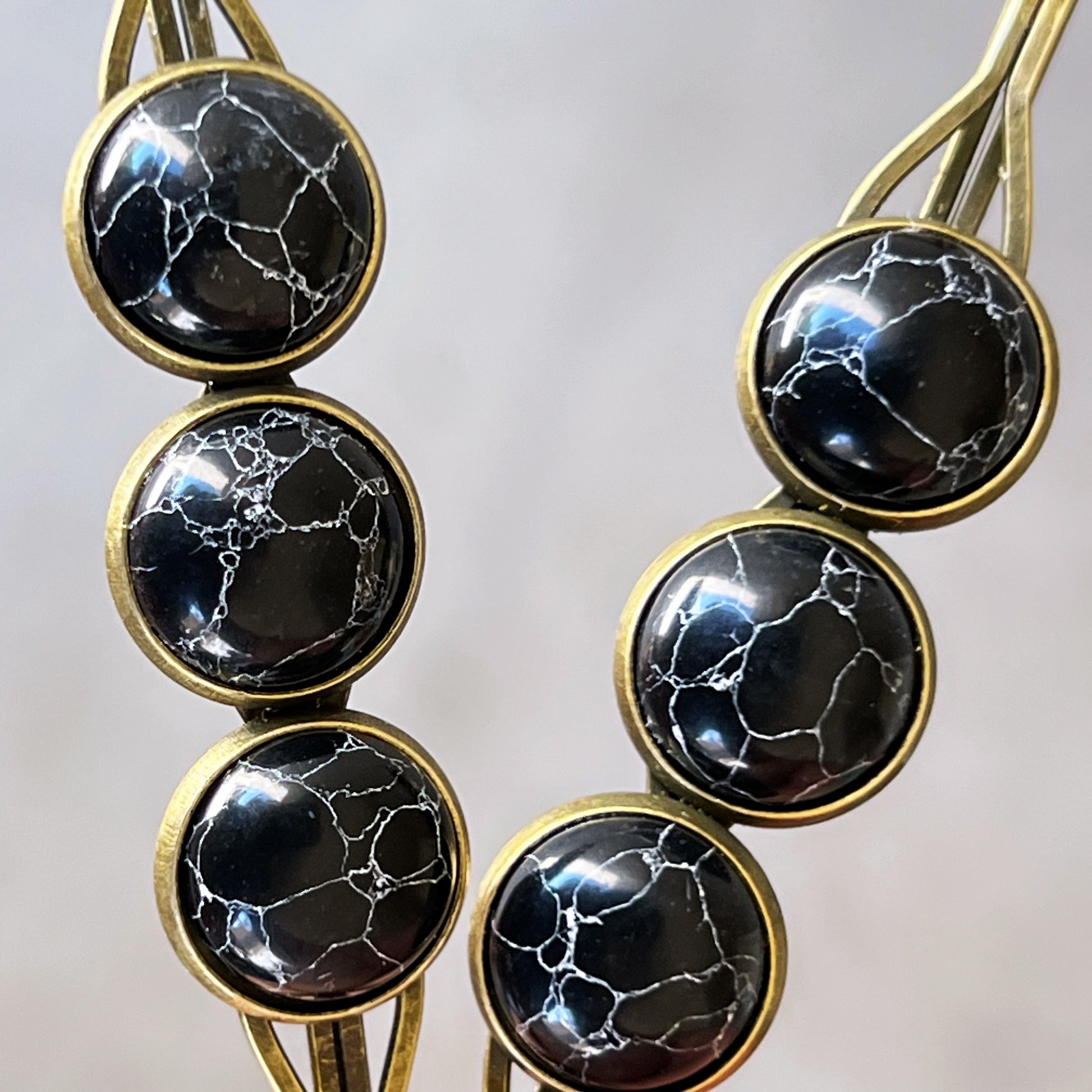 Black Marble Hair Pins – Moody Boho Stone Hair Clips in Bronze Tone