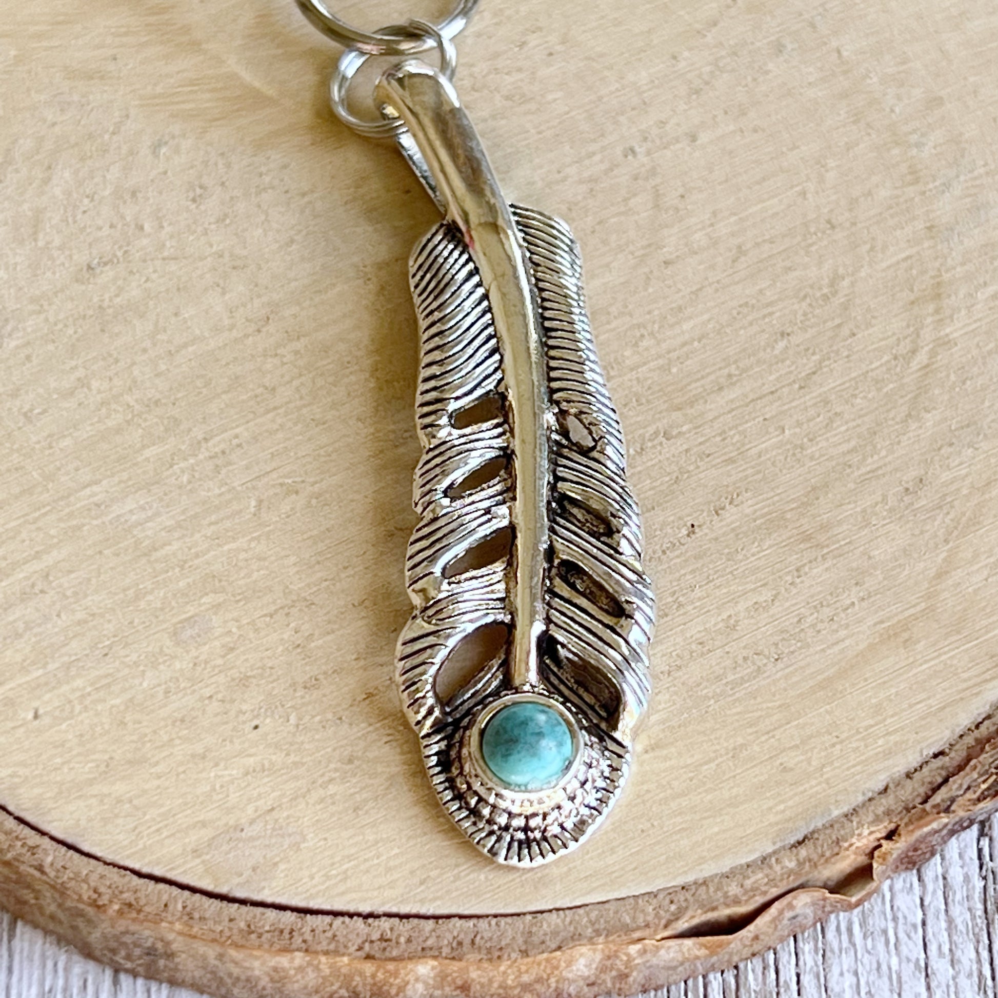 Feather Purse Charm – Silver Boho Keychain with Turquoise Stone Accent