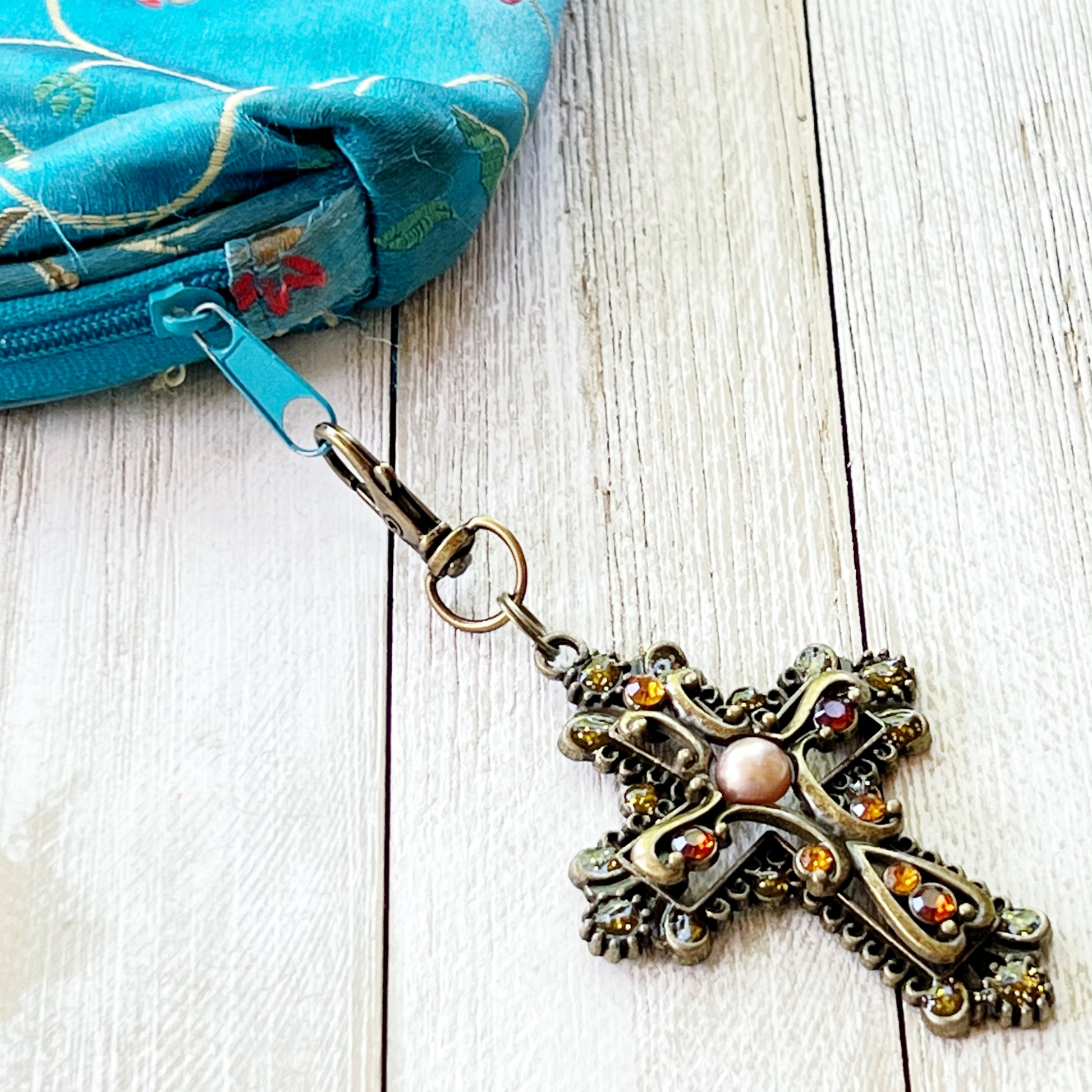 Ornate Cross Purse Charm – Vintage Bronze Keychain with Amber Rhinestones & Pearl