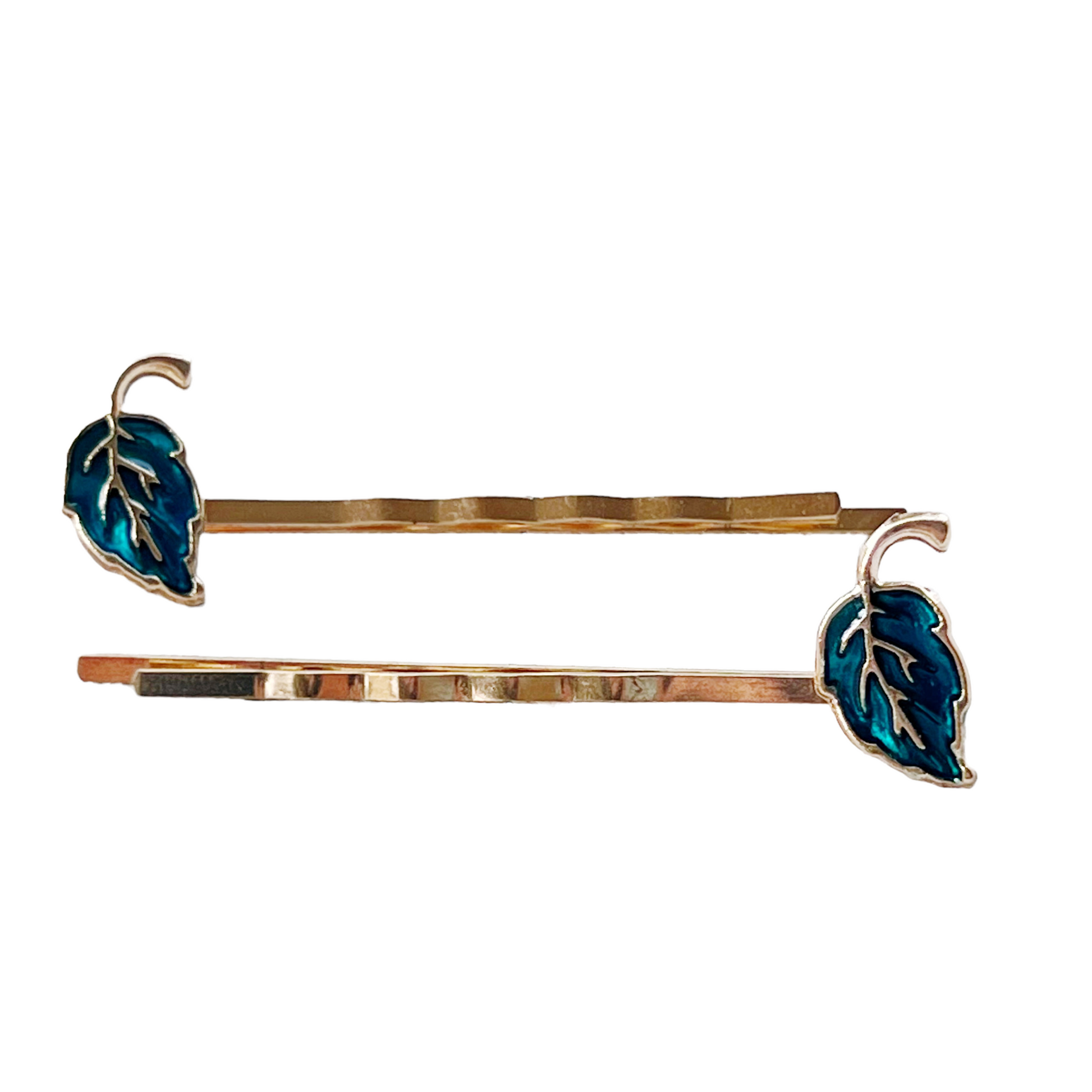Blue Enamel Leaf Hair Pins – Gold Nature-Inspired Fall Hair Accessories