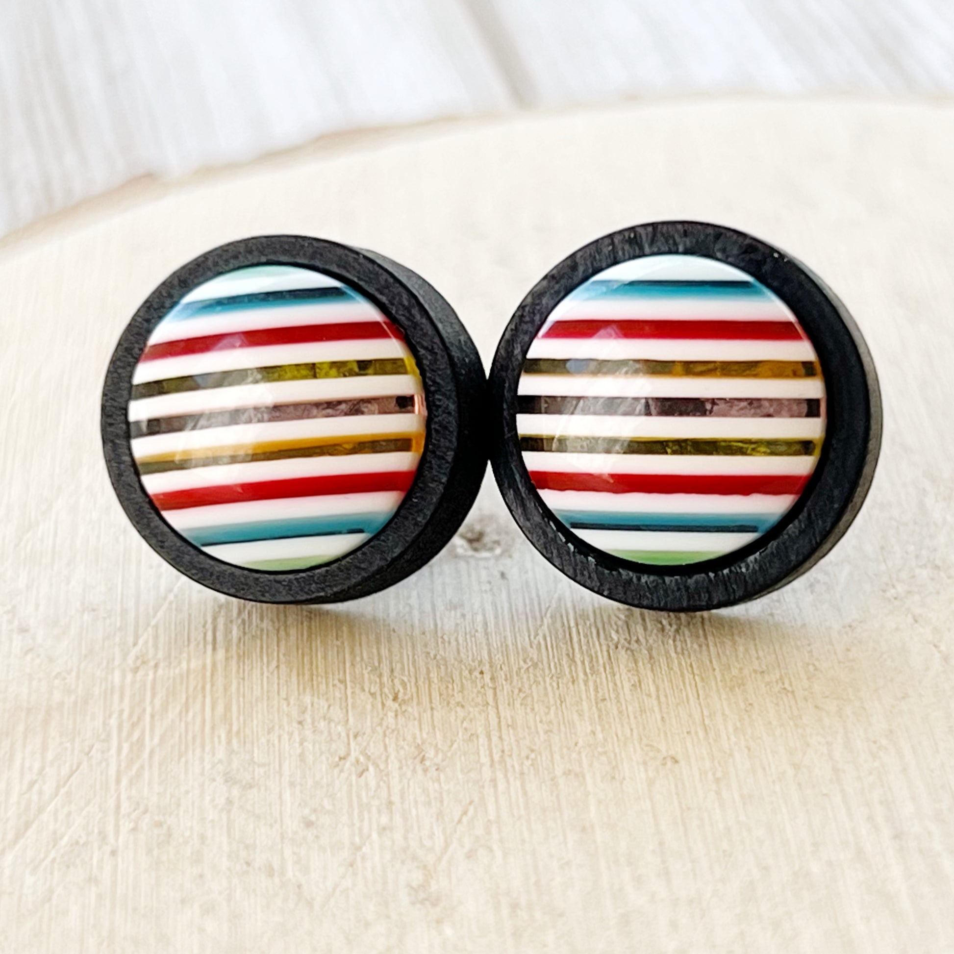 Striped Resin Stud Earrings – Multicolor Round Handmade Boho Jewelry