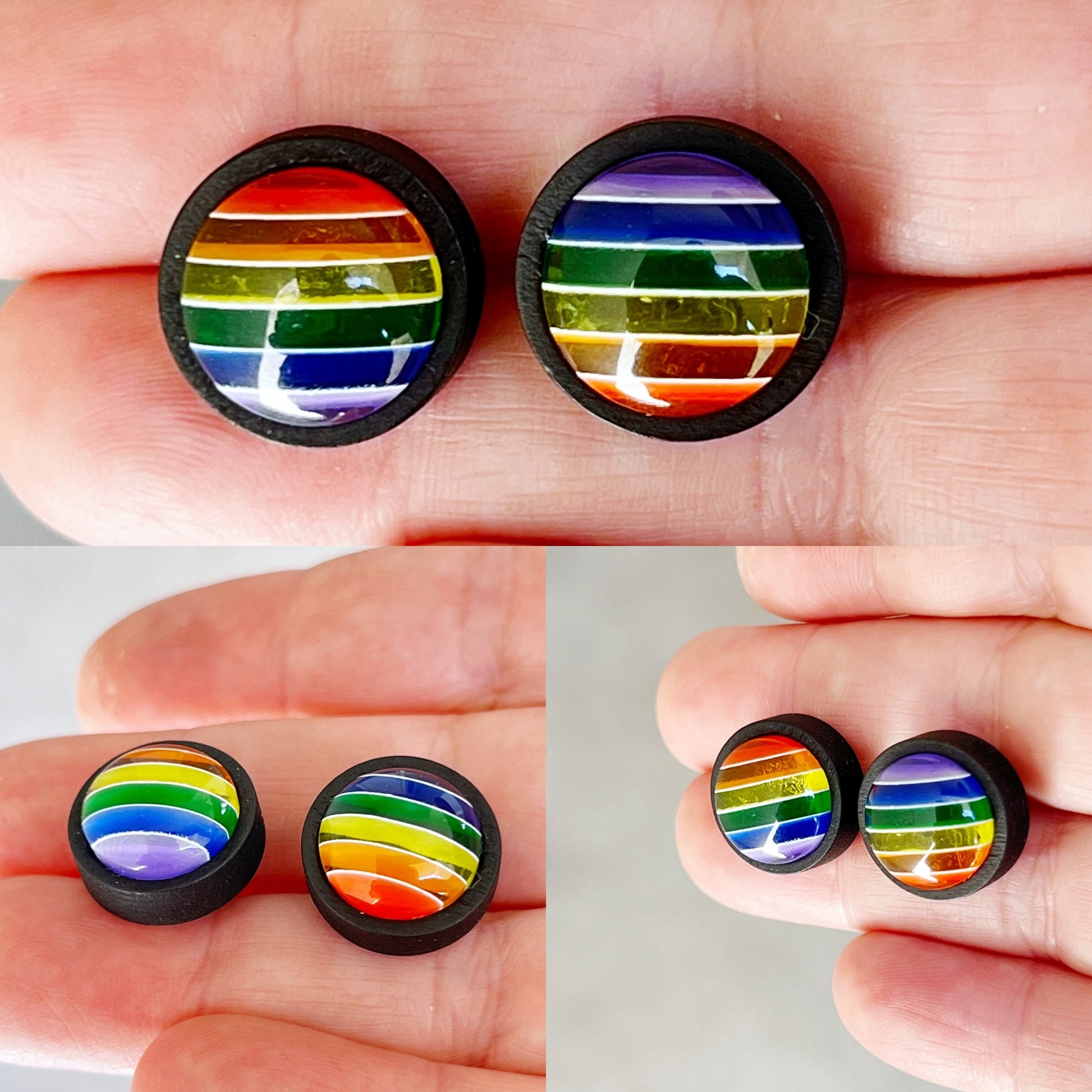 Rainbow Stripe Resin Stud Earrings – Colorful Handmade Jewelry in Black Wood