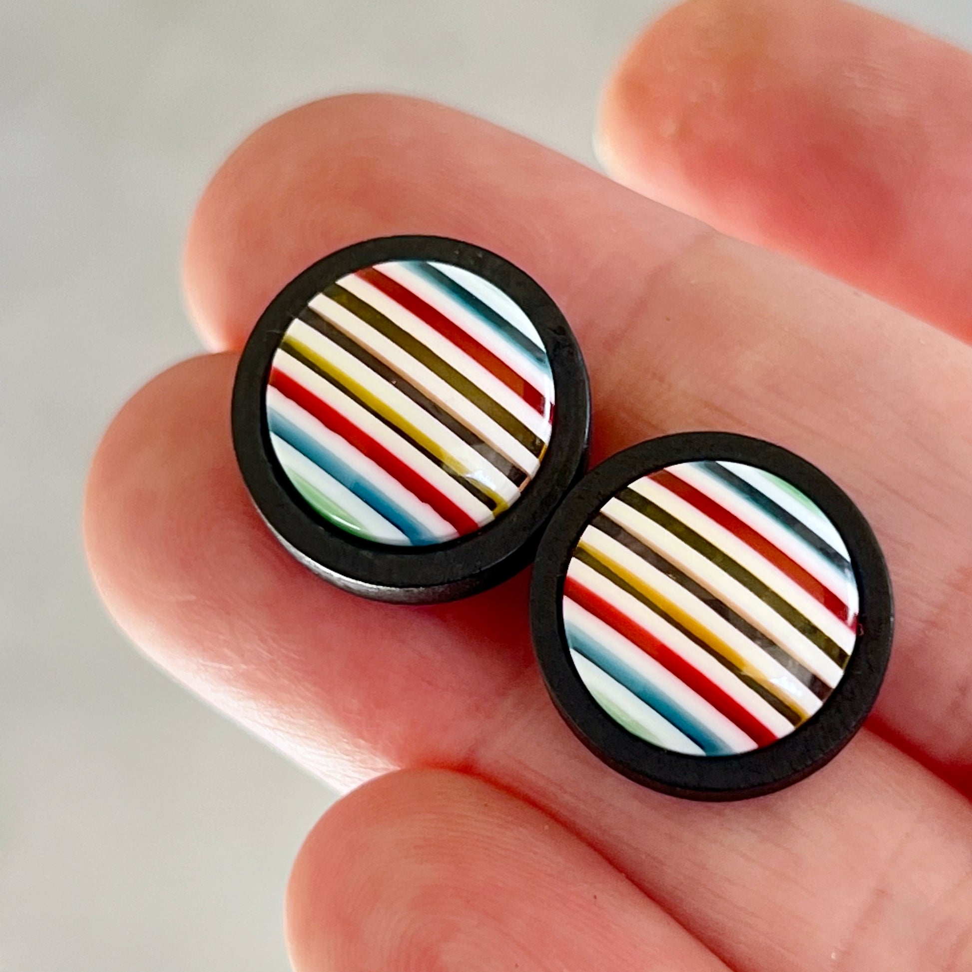 Striped Resin Stud Earrings – Multicolor Round Handmade Boho Jewelry