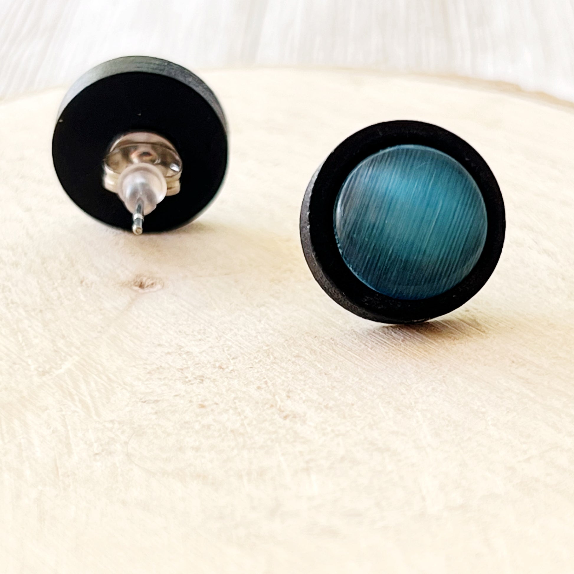 Blue Glass Black Wood Unisex Stud Earrings - Stylish & Versatile Accessories