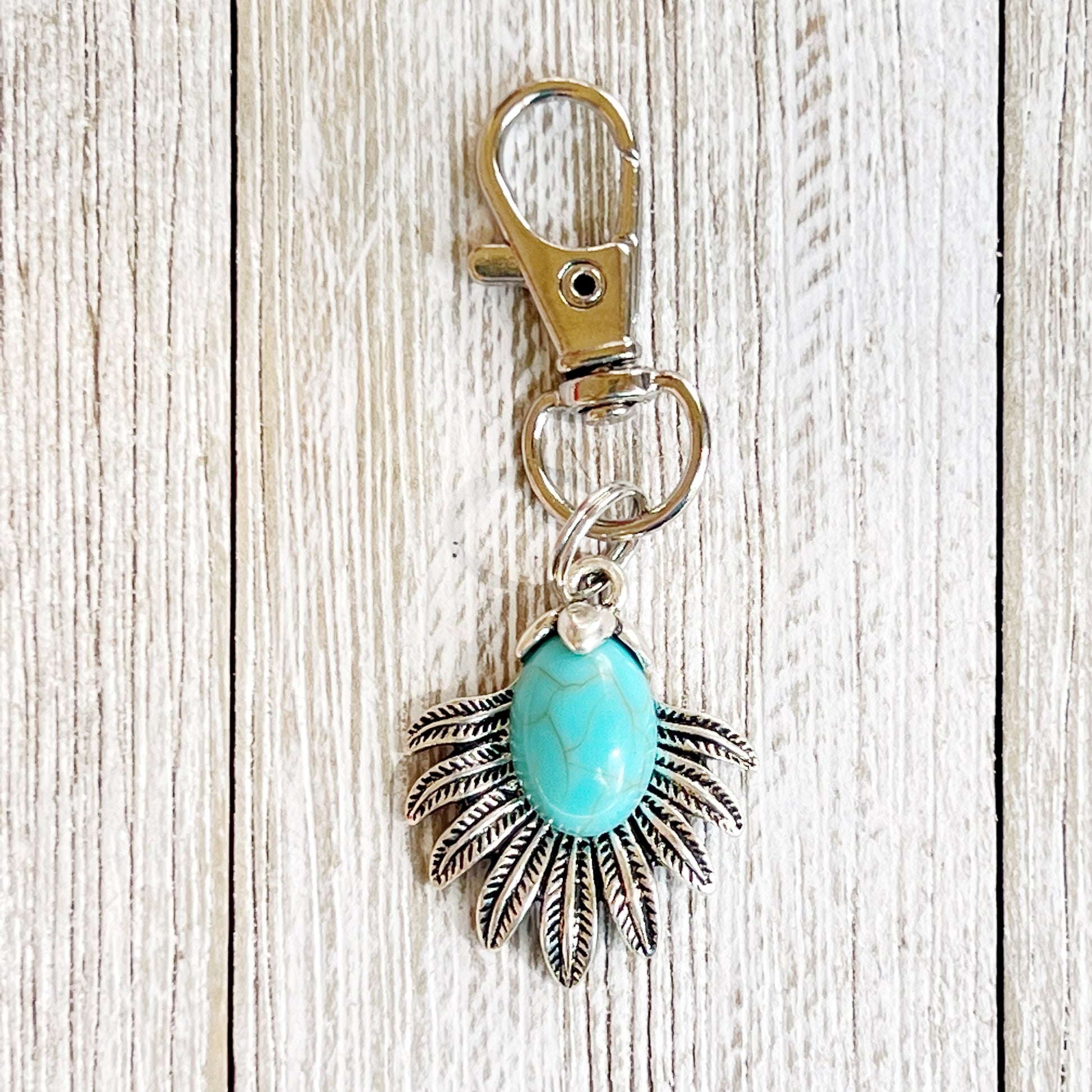 Turquoise Sunburst Purse Charm – Western Boho Keychain with Feather Detail