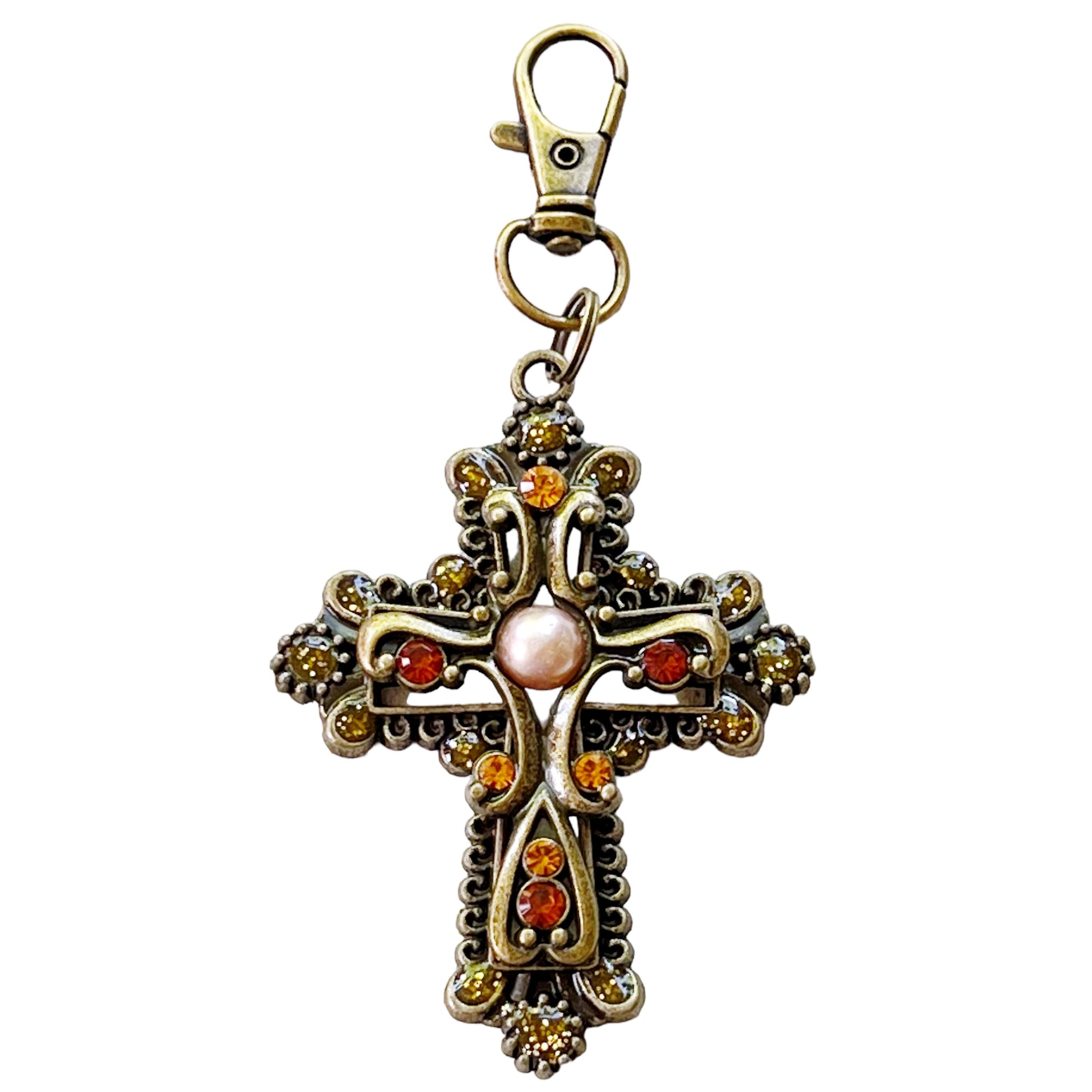 Ornate Cross Purse Charm – Vintage Bronze Keychain with Amber Rhinestones & Pearl