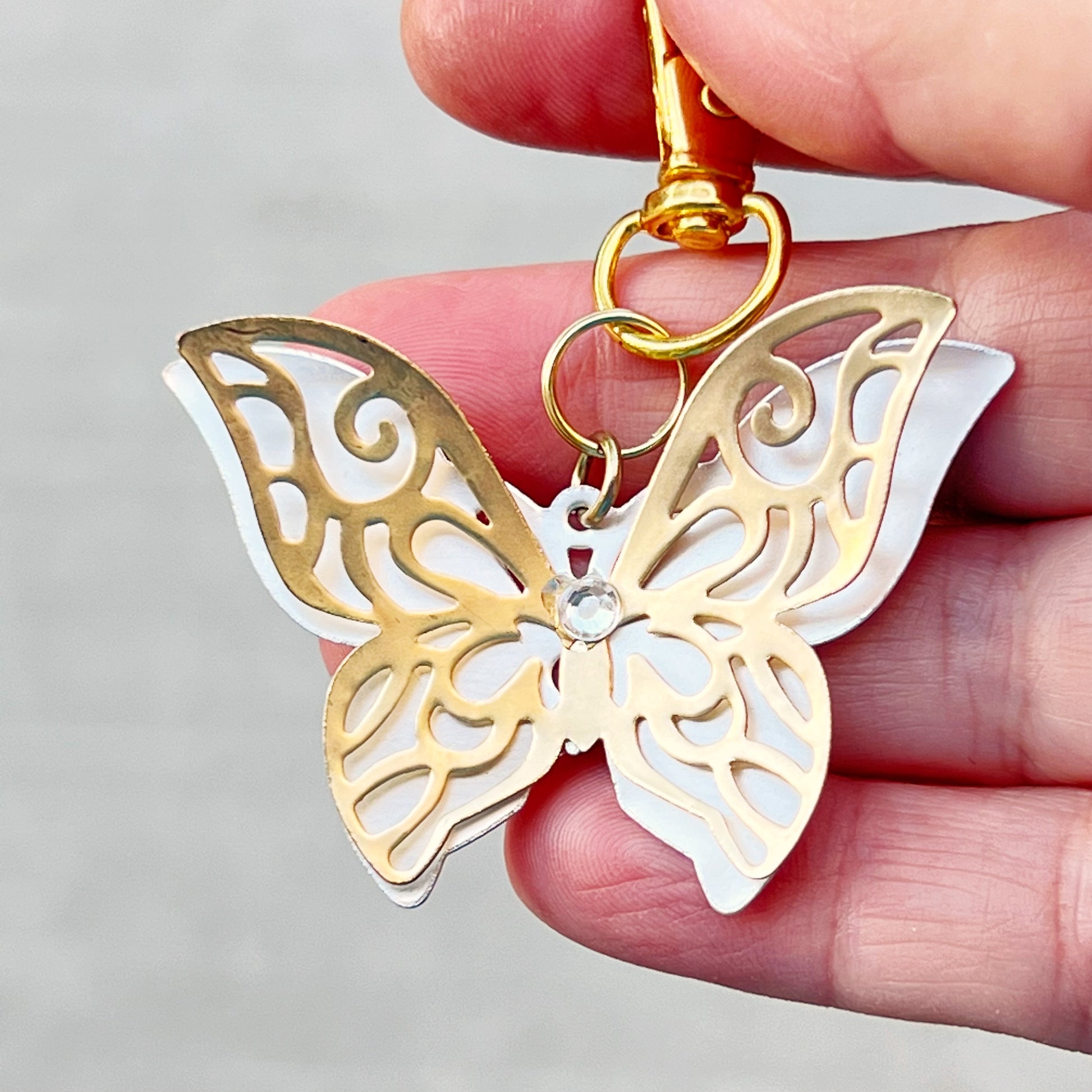 Gold & Silver Butterfly Zipper Pull Keychain Purse Charm with Filigree & Rhinestone Accents - Elegant & Stylish Accessory for Your Bag
