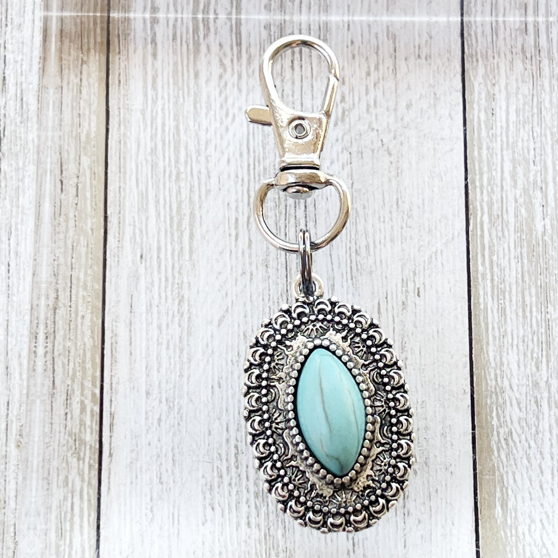 Turquoise Oval Purse Charm – Silver Western Keychain with Filigree Frame
