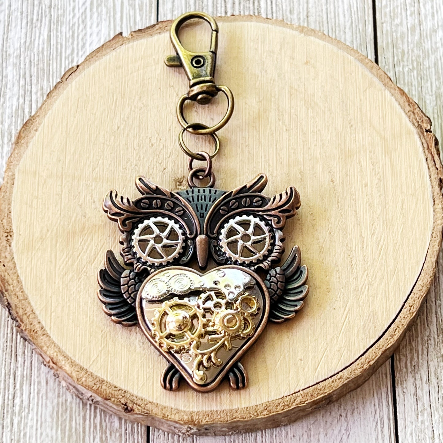 Steampunk Owl Purse Charm – Mixed Metal Heart Keychain with Gear Details