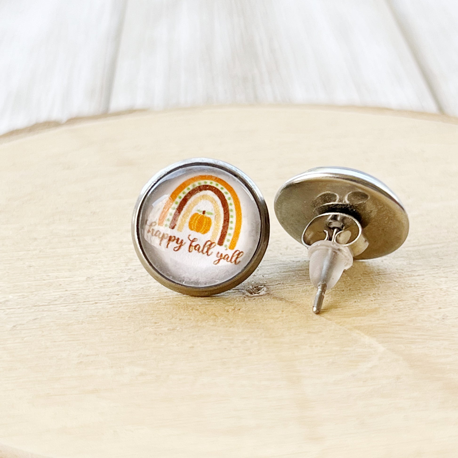 Happy Fall Y’all Stud Earrings – Rainbow Pumpkin Autumn Jewelry in Silver