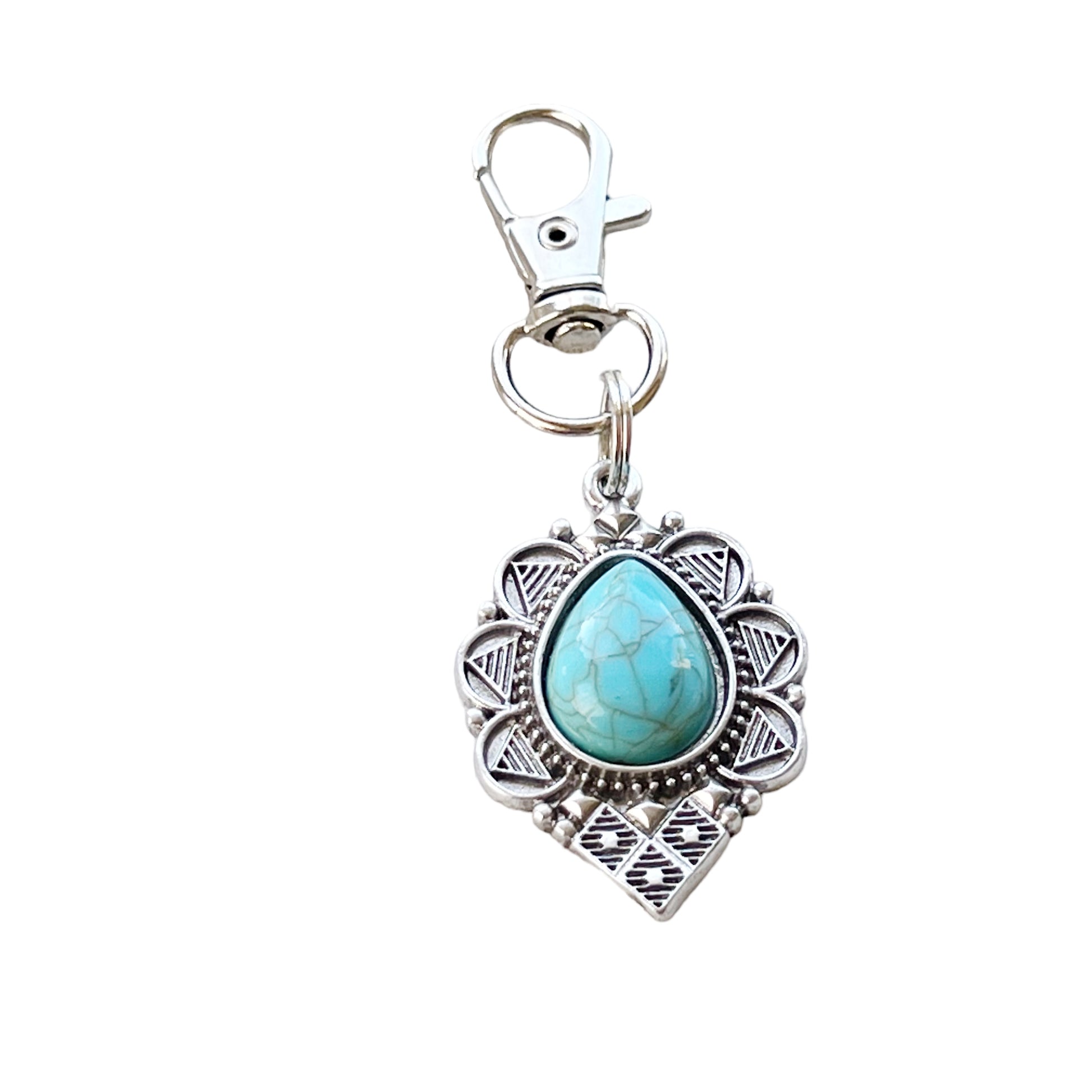 Turquoise Teardrop Purse Charm – Boho Southwest Silver Keychain Accent