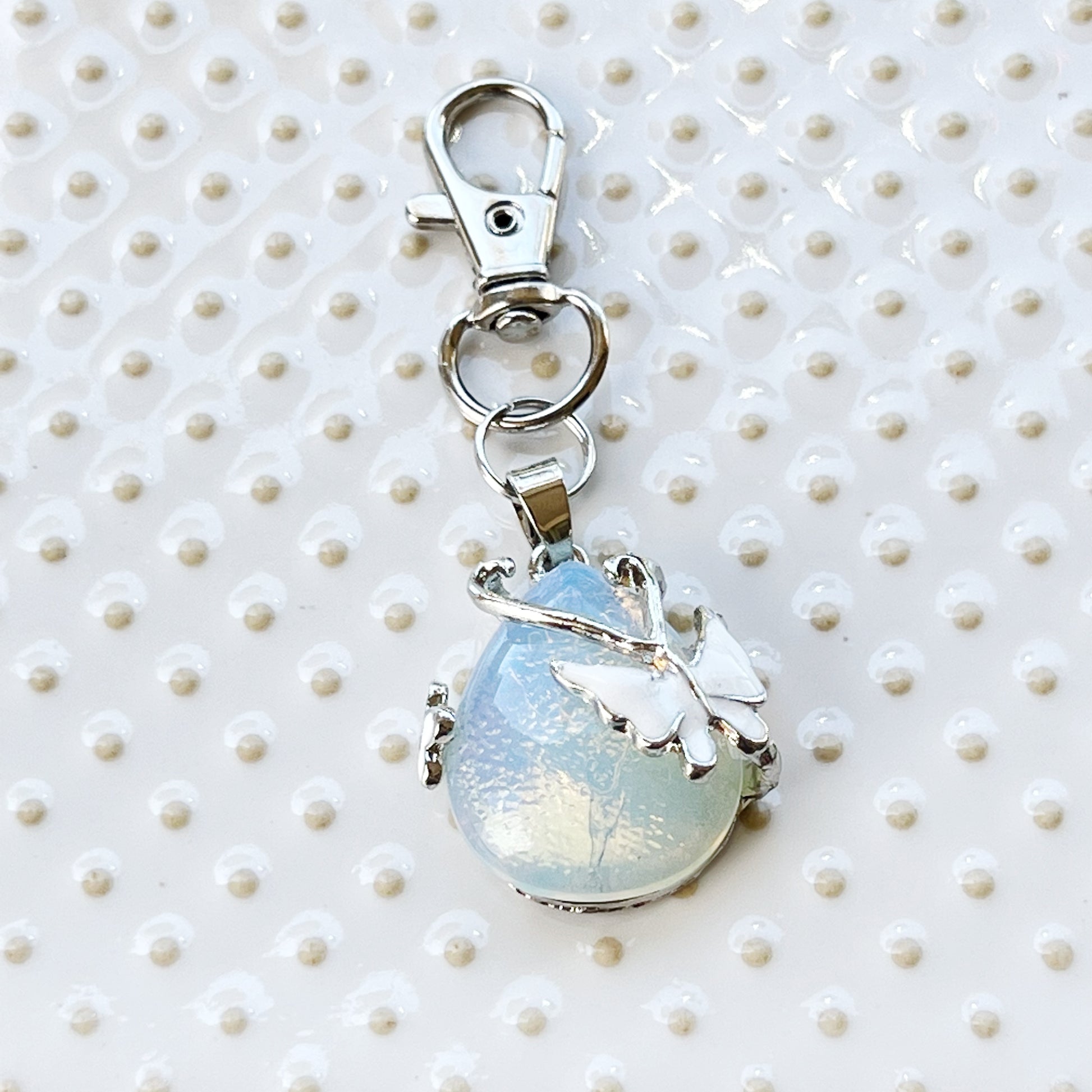 Opalite Butterfly Teardrop Keychain – Iridescent Glass & Silver Charm Accessory