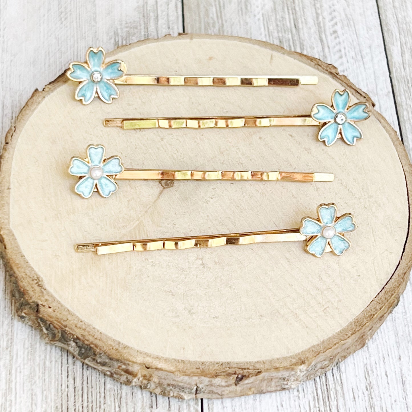 Blue Flower Hair Pins – Set of 4 Elegant Pearl Accessories
