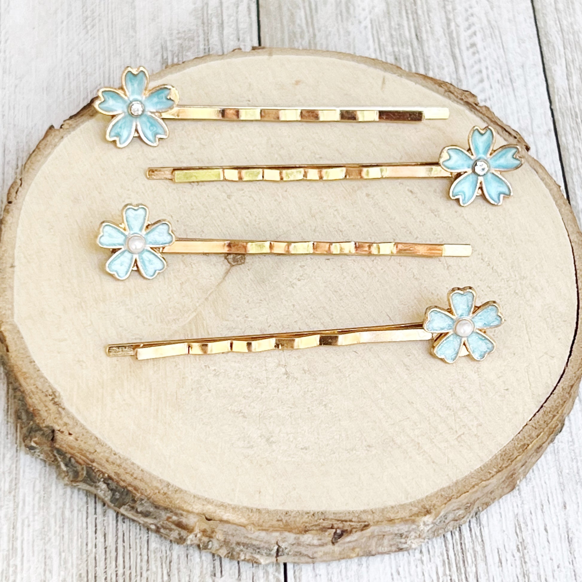 Blue Flower Hair Pins – Set of 4 Elegant Pearl Accessories