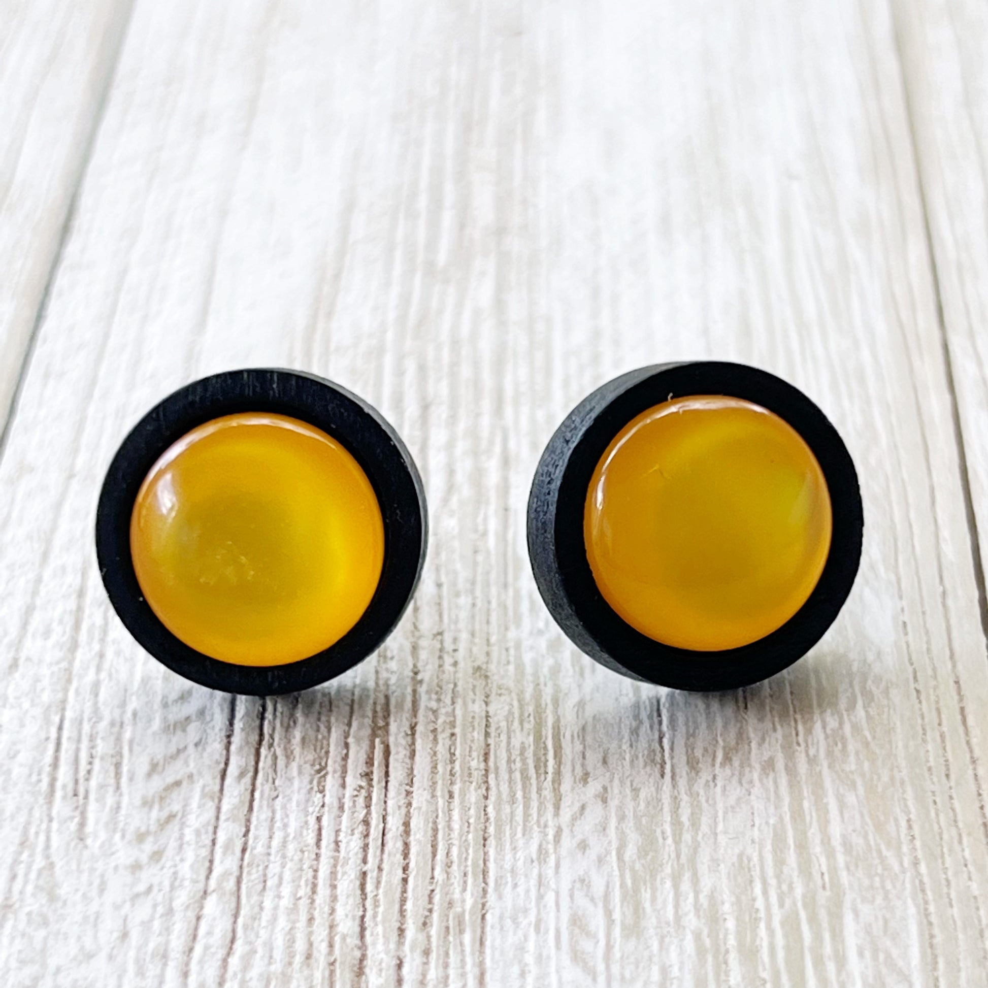 Yellow Resin Black Wood Unisex Stud Earrings - Stylish & Versatile Accessories