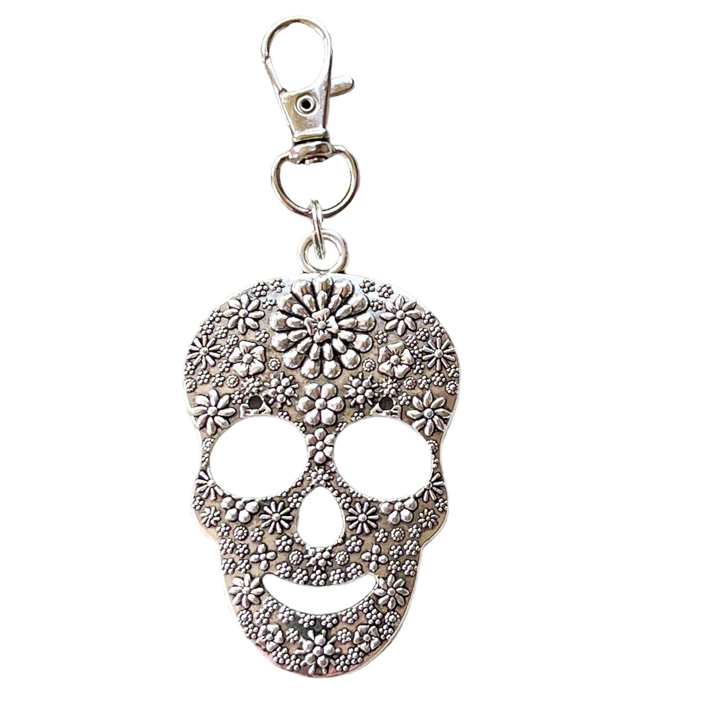 Floral Skull Purse Charm – Silver Day of the Dead Keychain with Flower Motif