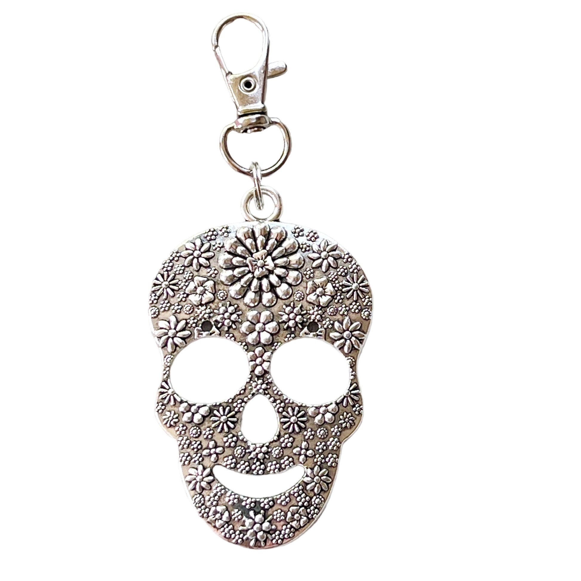 Floral Skull Purse Charm – Silver Day of the Dead Keychain with Flower Motif