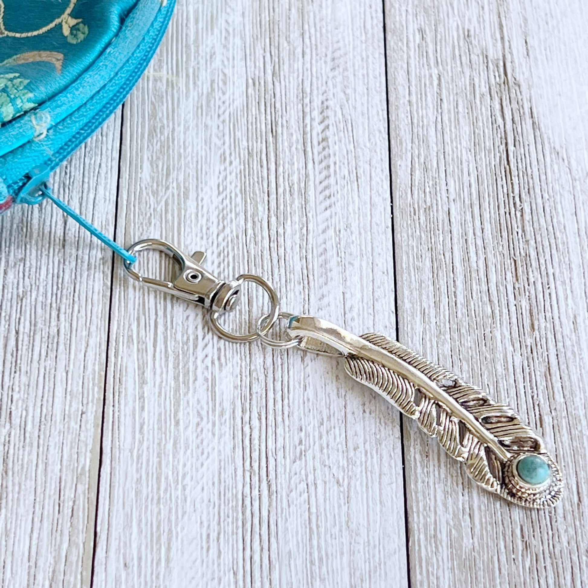 Feather Purse Charm – Silver Boho Keychain with Turquoise Stone Accent