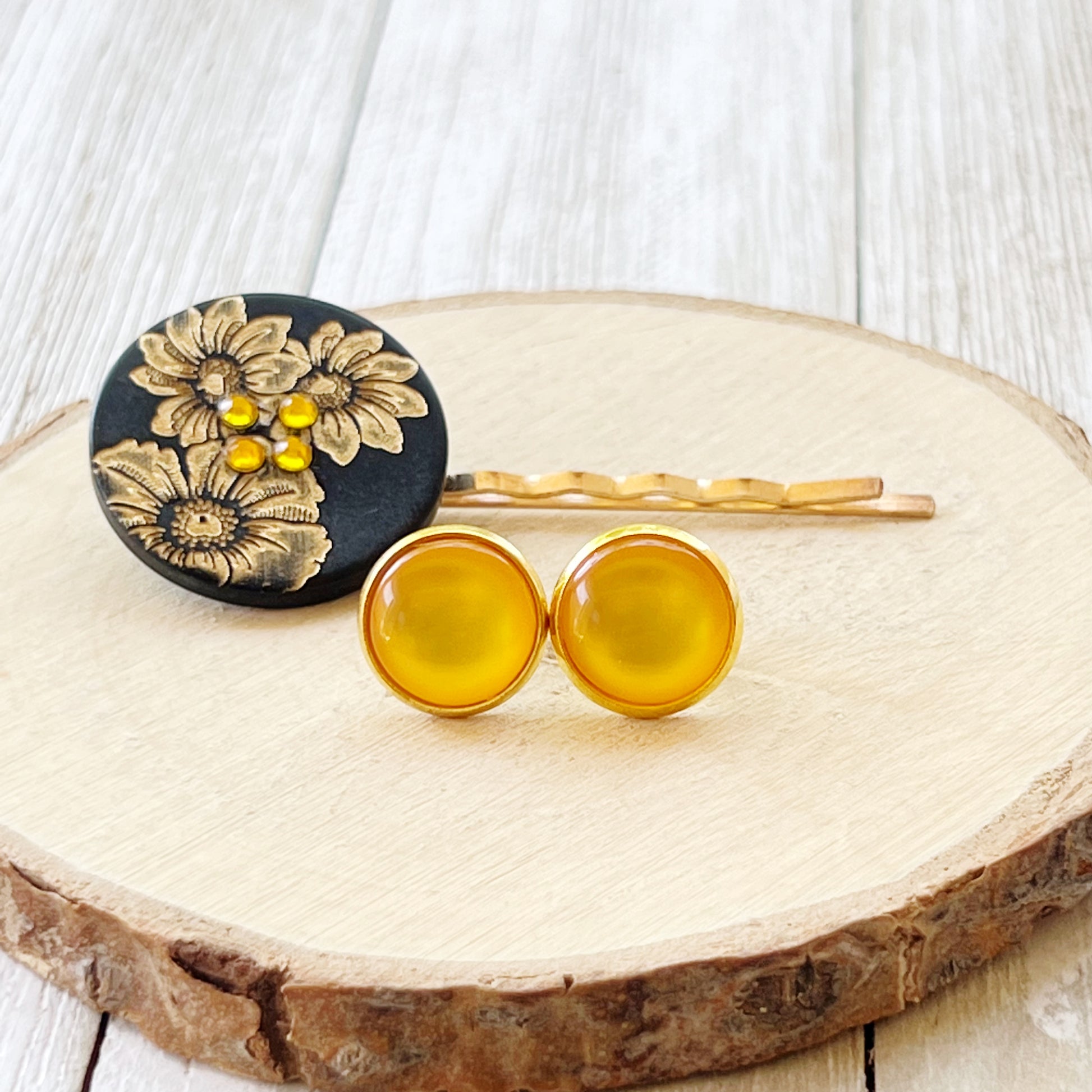 Black & Gold Sunflower Gold Bobby Pin with Matching 12mm Gold Earrings - Stylish Floral Accessories