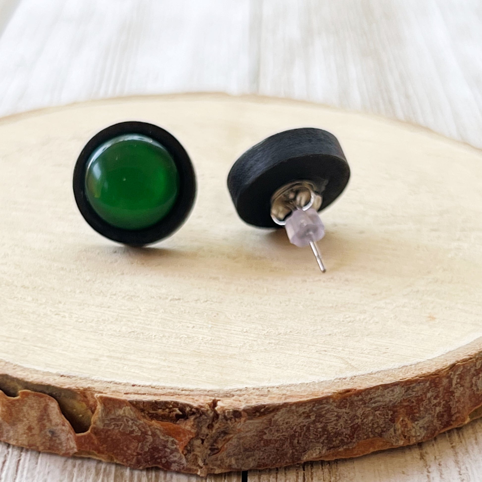 Green Resin Black Wood Unisex Stud Earrings - Stylish & Versatile Accessories